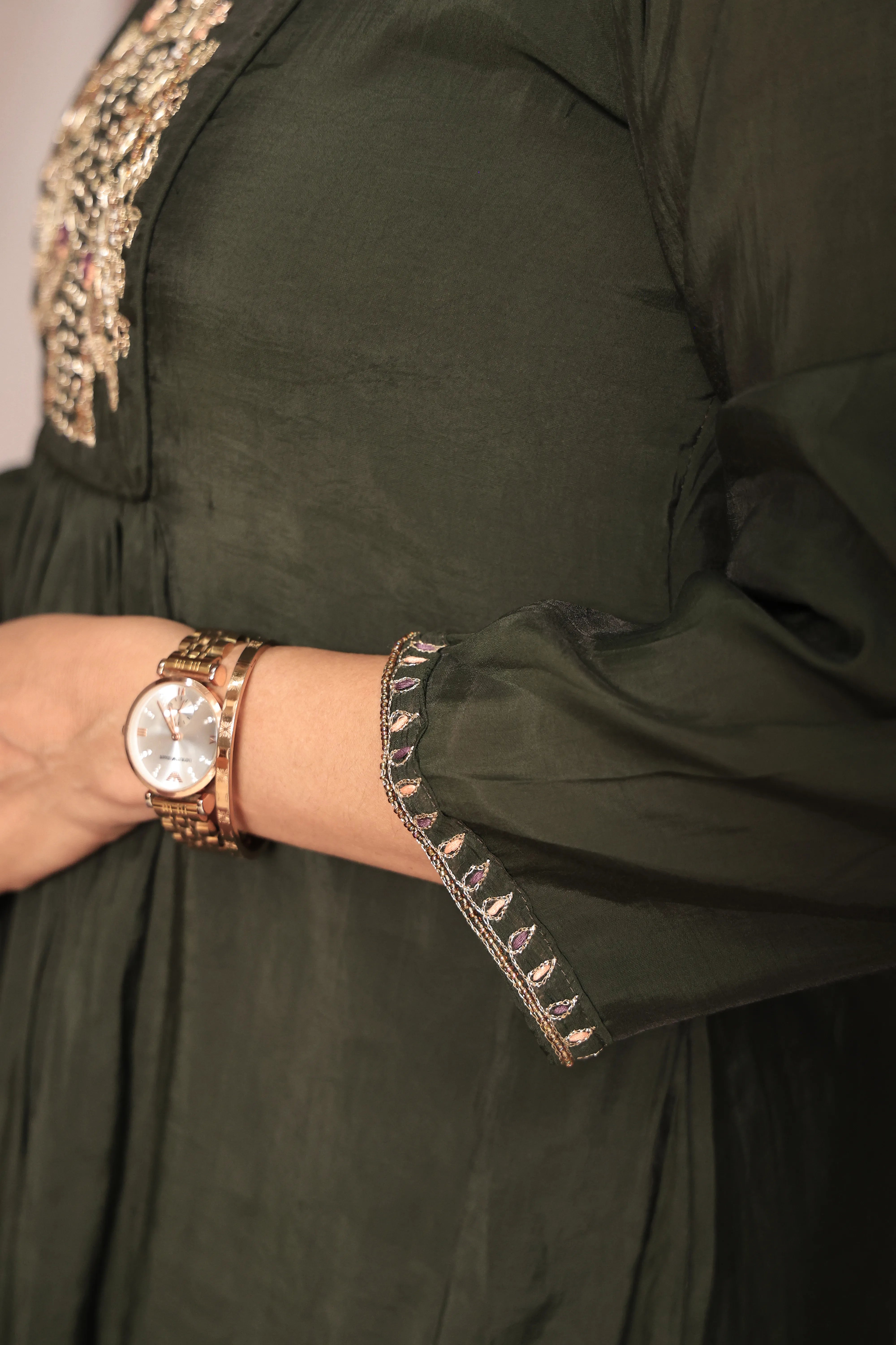 Dark Olive A-Line Kurta Pant Dupatta Set | Zardozi Embroidery | Pure Mul Chanderi