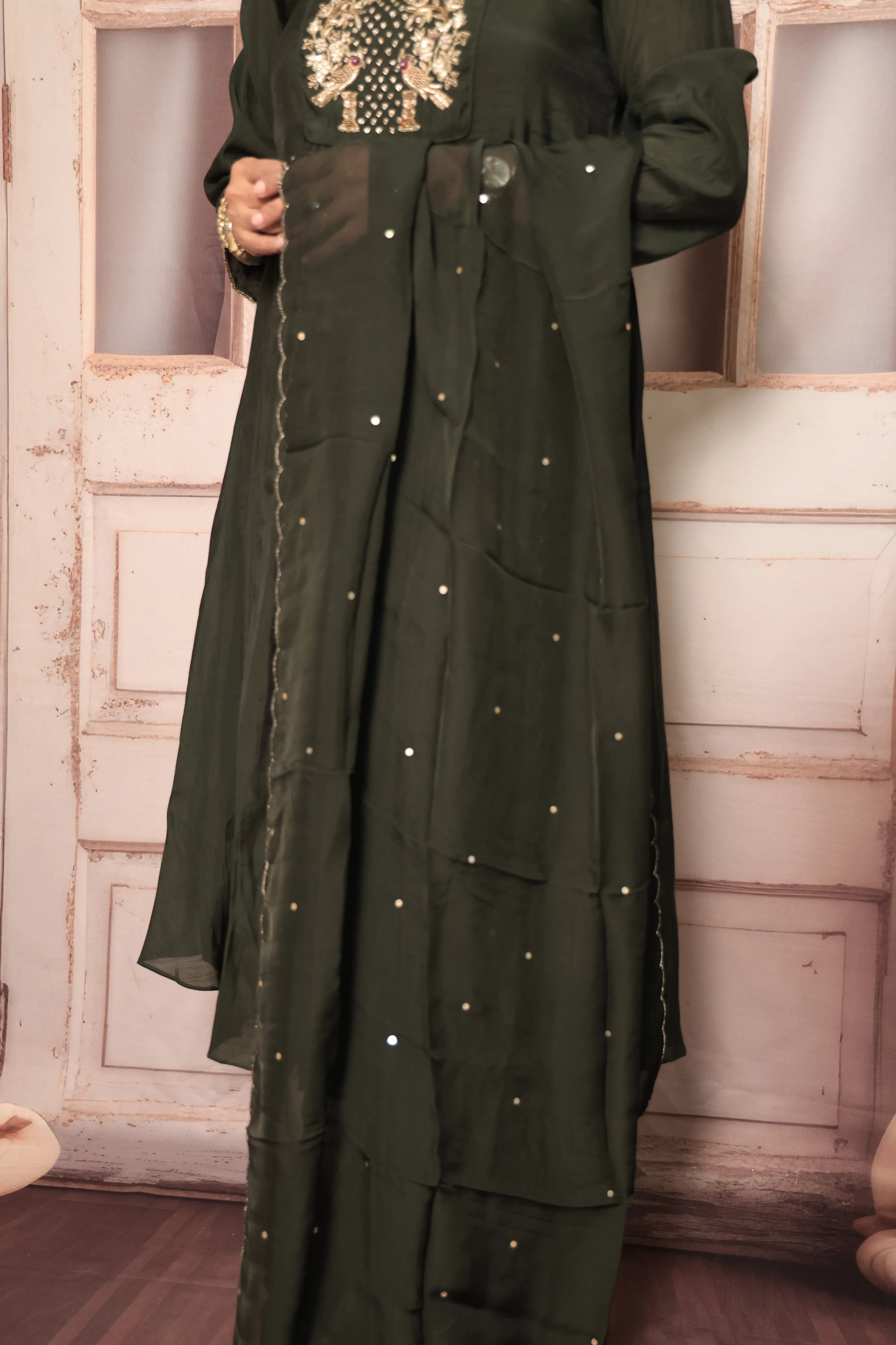 Dark Olive A-Line Kurta Pant Dupatta Set | Zardozi Embroidery | Pure Mul Chanderi