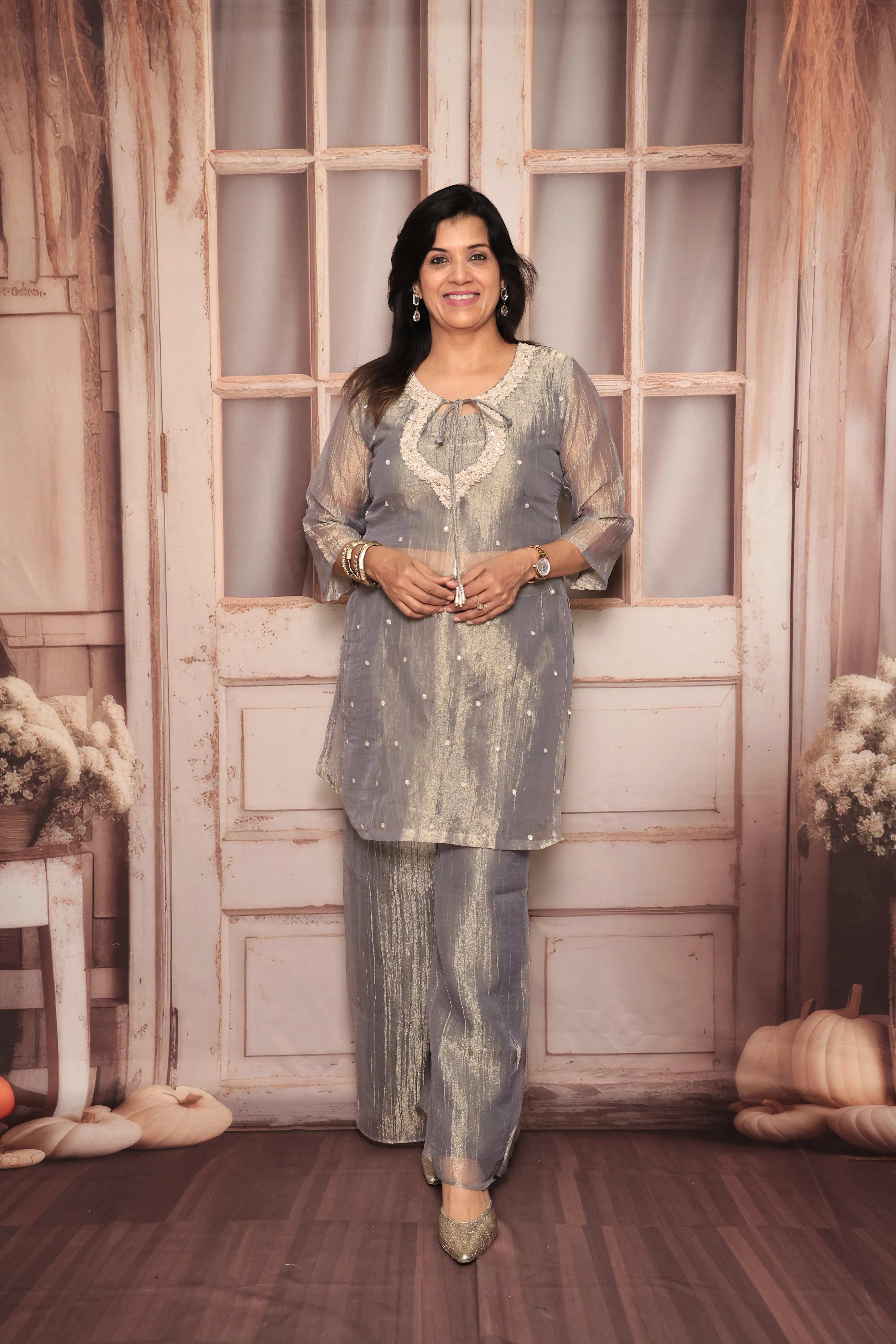 Grey Deep Neck Co-Ord Set with Bustier | Pearl & Sequin Yoke Embroidery | Pure Tissue Crush