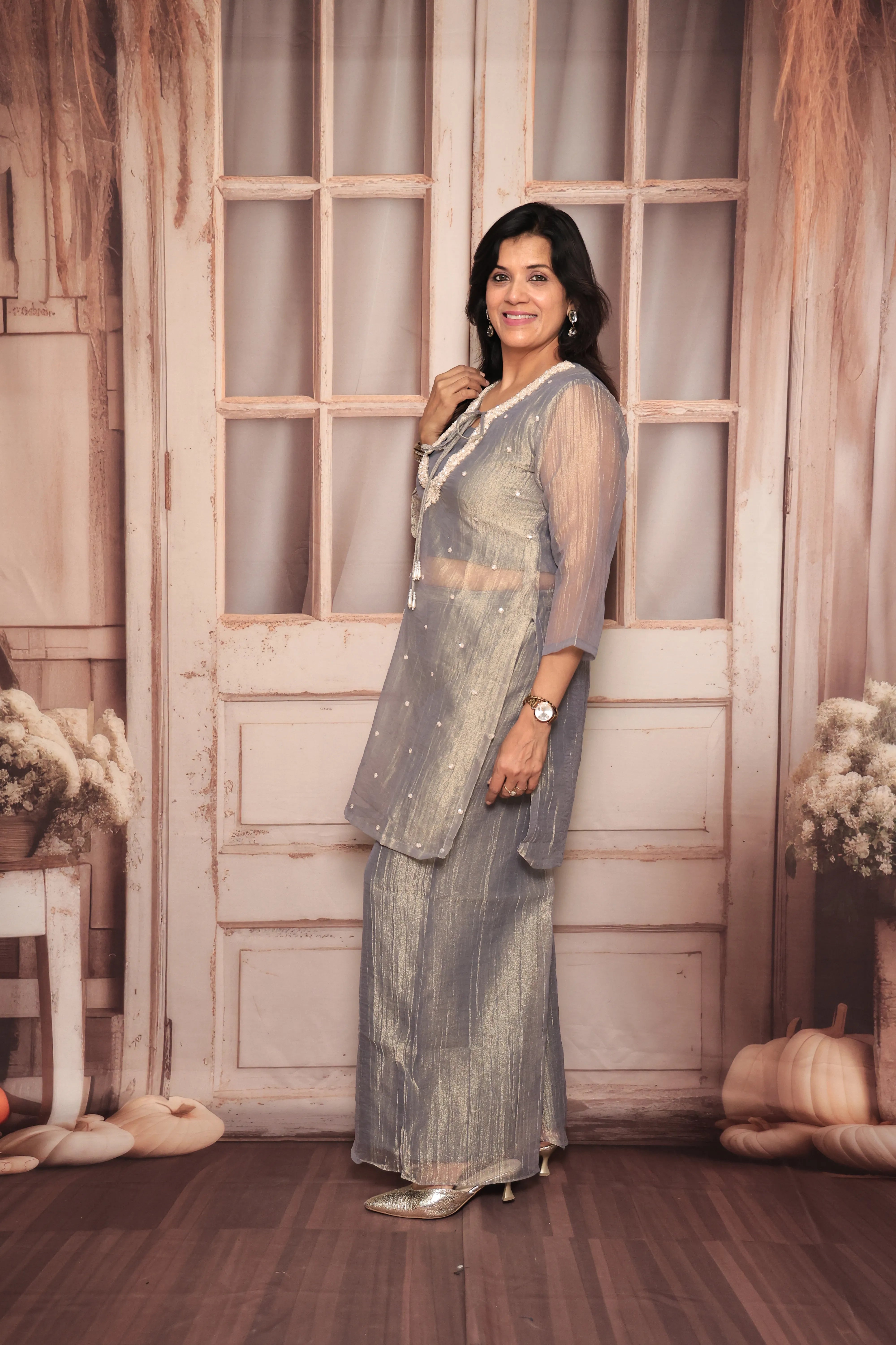 Grey Deep Neck Co-Ord Set with Bustier | Pearl & Sequin Yoke Embroidery | Pure Tissue Crush