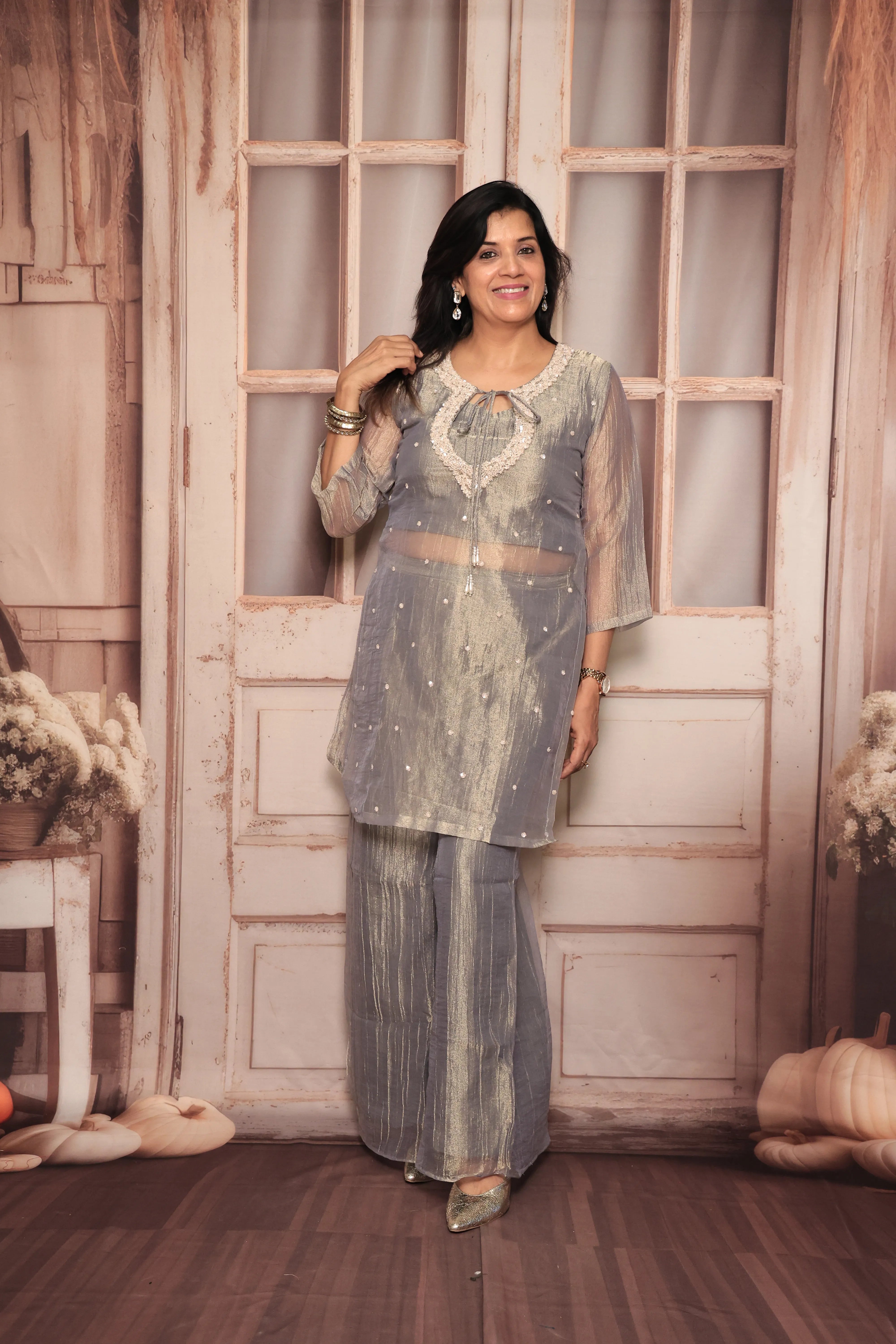 Grey Deep Neck Co-Ord Set with Bustier | Pearl & Sequin Yoke Embroidery | Pure Tissue Crush