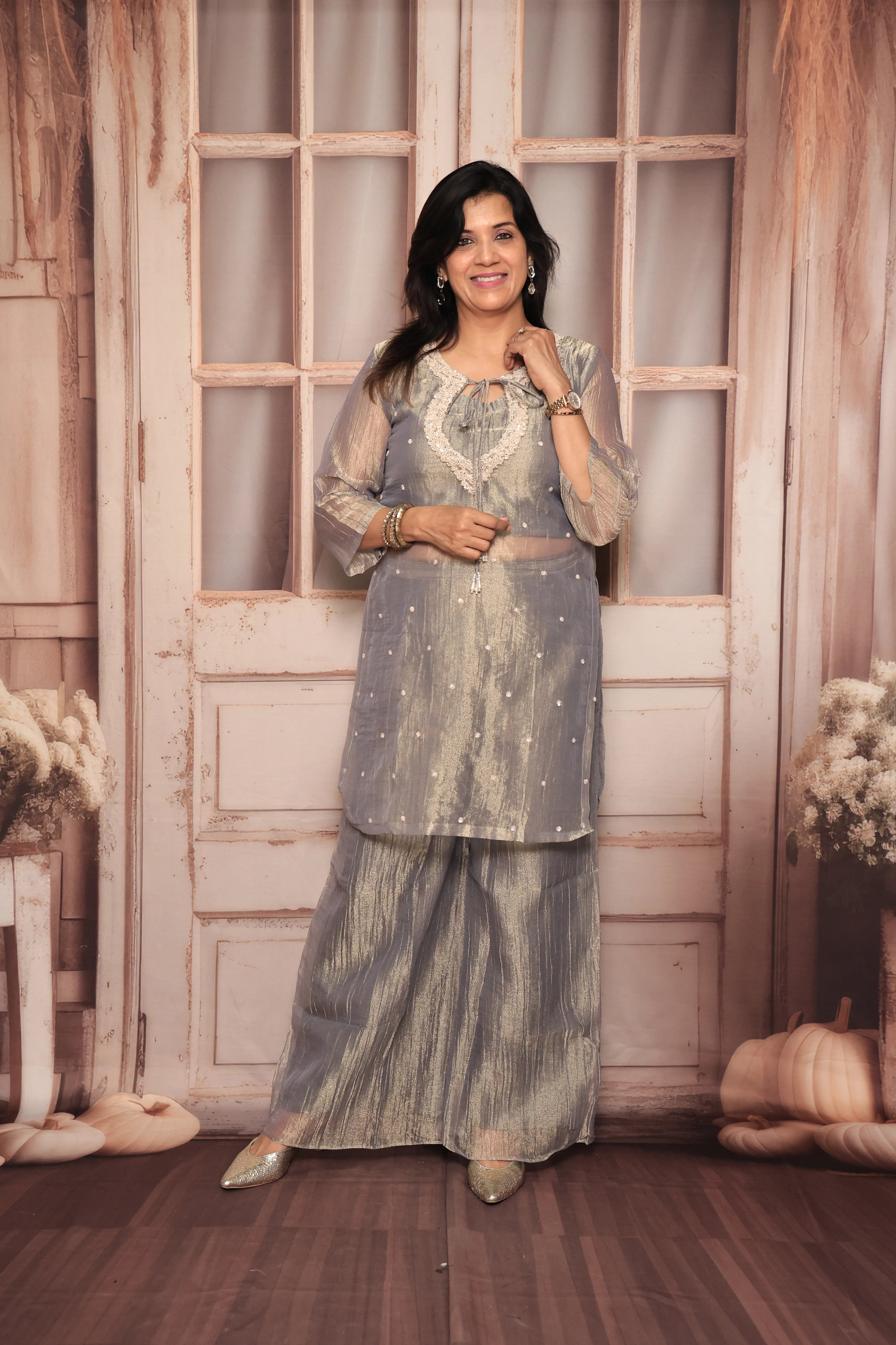 Grey Deep Neck Co-Ord Set with Bustier | Pearl & Sequin Yoke Embroidery | Pure Tissue Crush