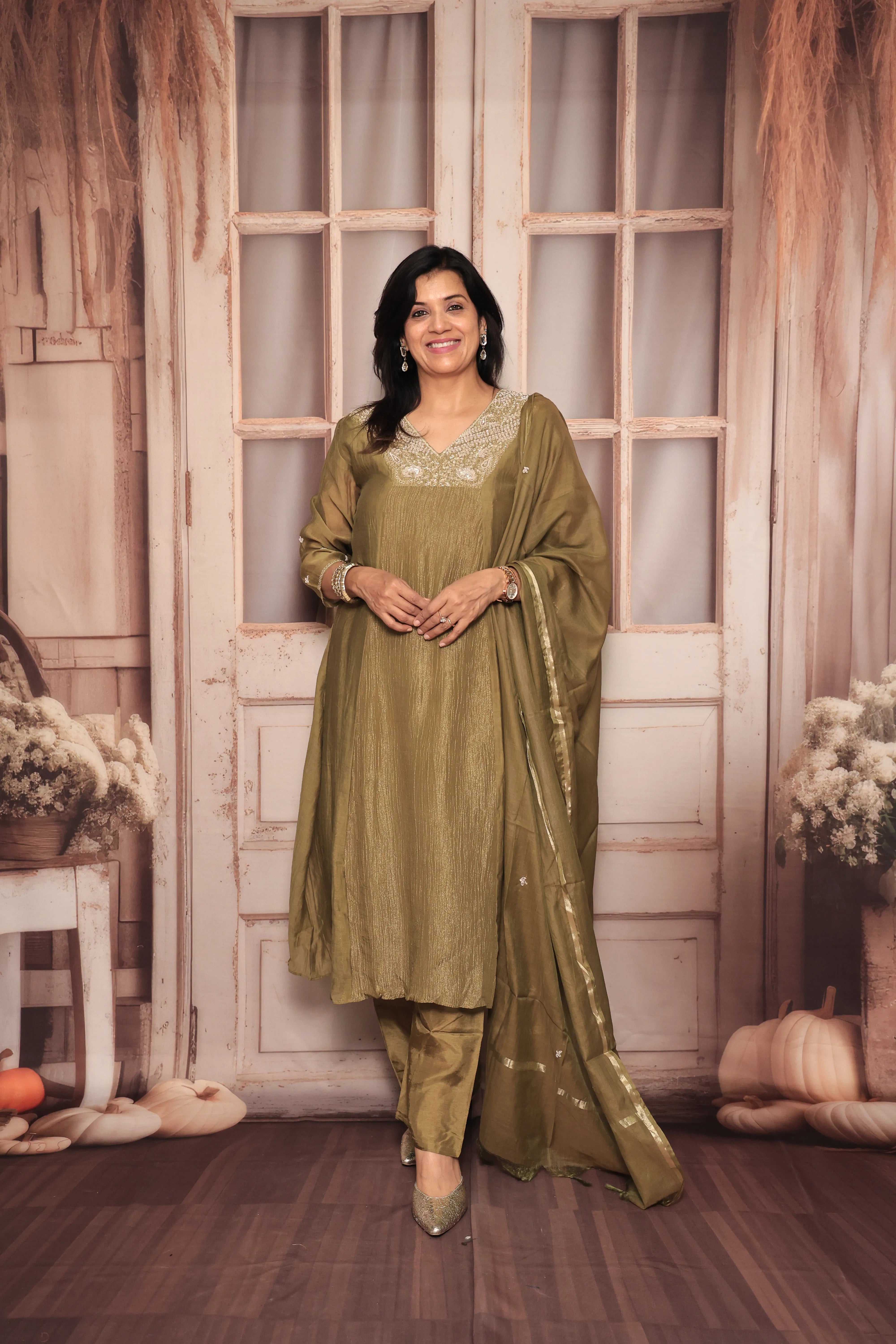 Bronze Olive A-Line Kurta Pant Dupatta Set | Pearl & Sequin Embroidery | Pure Tissue Crush