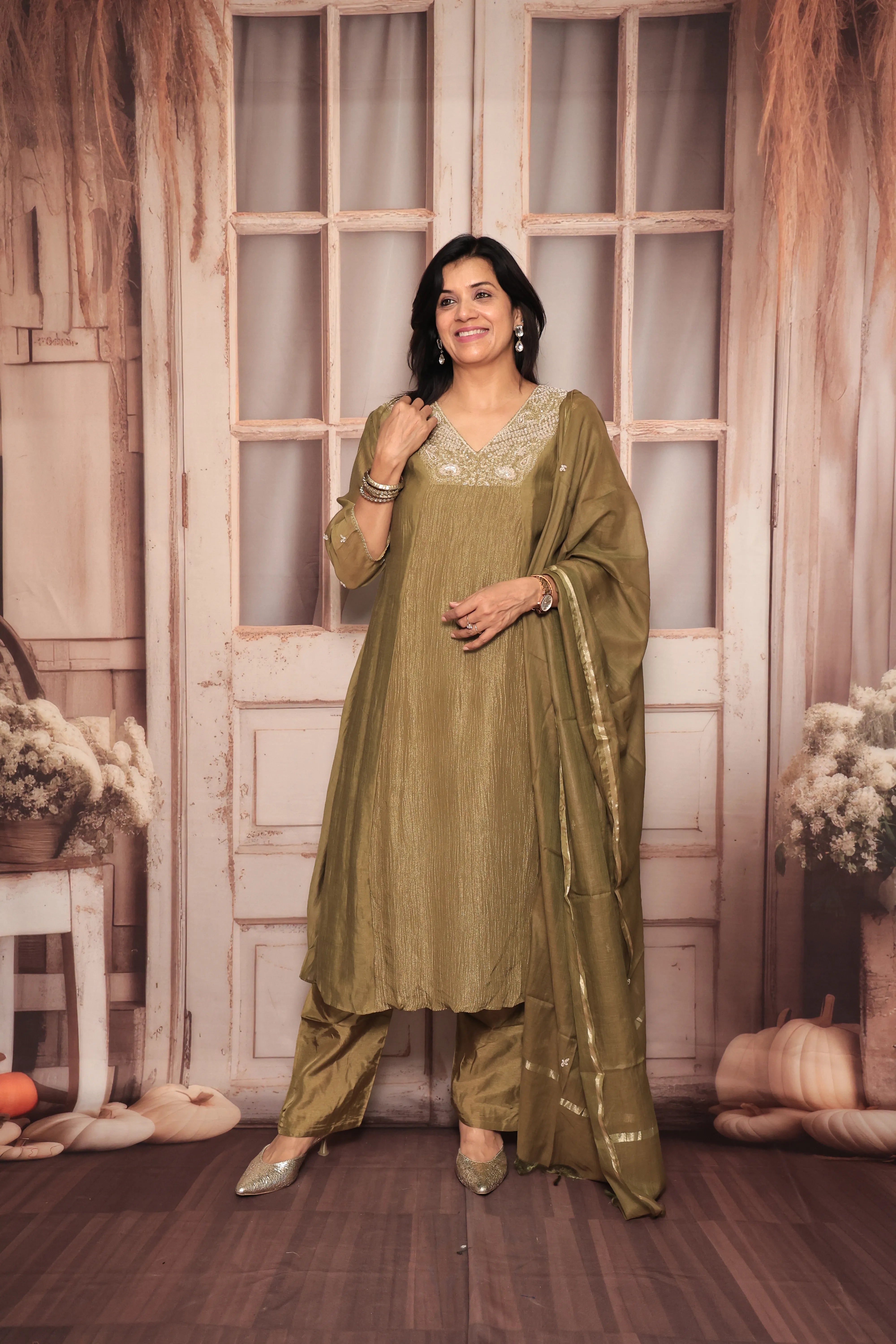 Bronze Olive A-Line Kurta Pant Dupatta Set | Pearl & Sequin Embroidery | Pure Tissue Crush