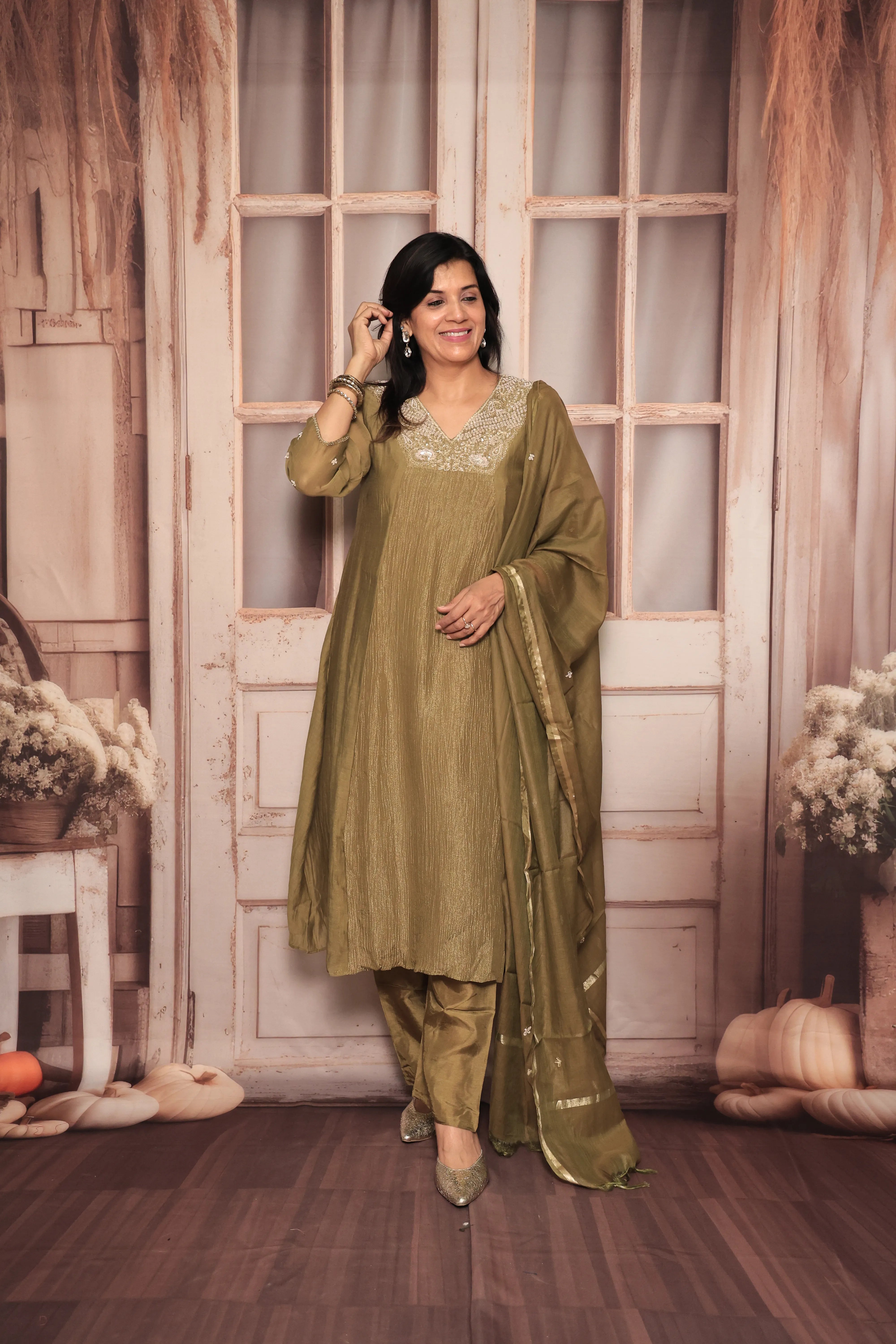 Bronze Olive A-Line Kurta Pant Dupatta Set | Pearl & Sequin Embroidery | Pure Tissue Crush