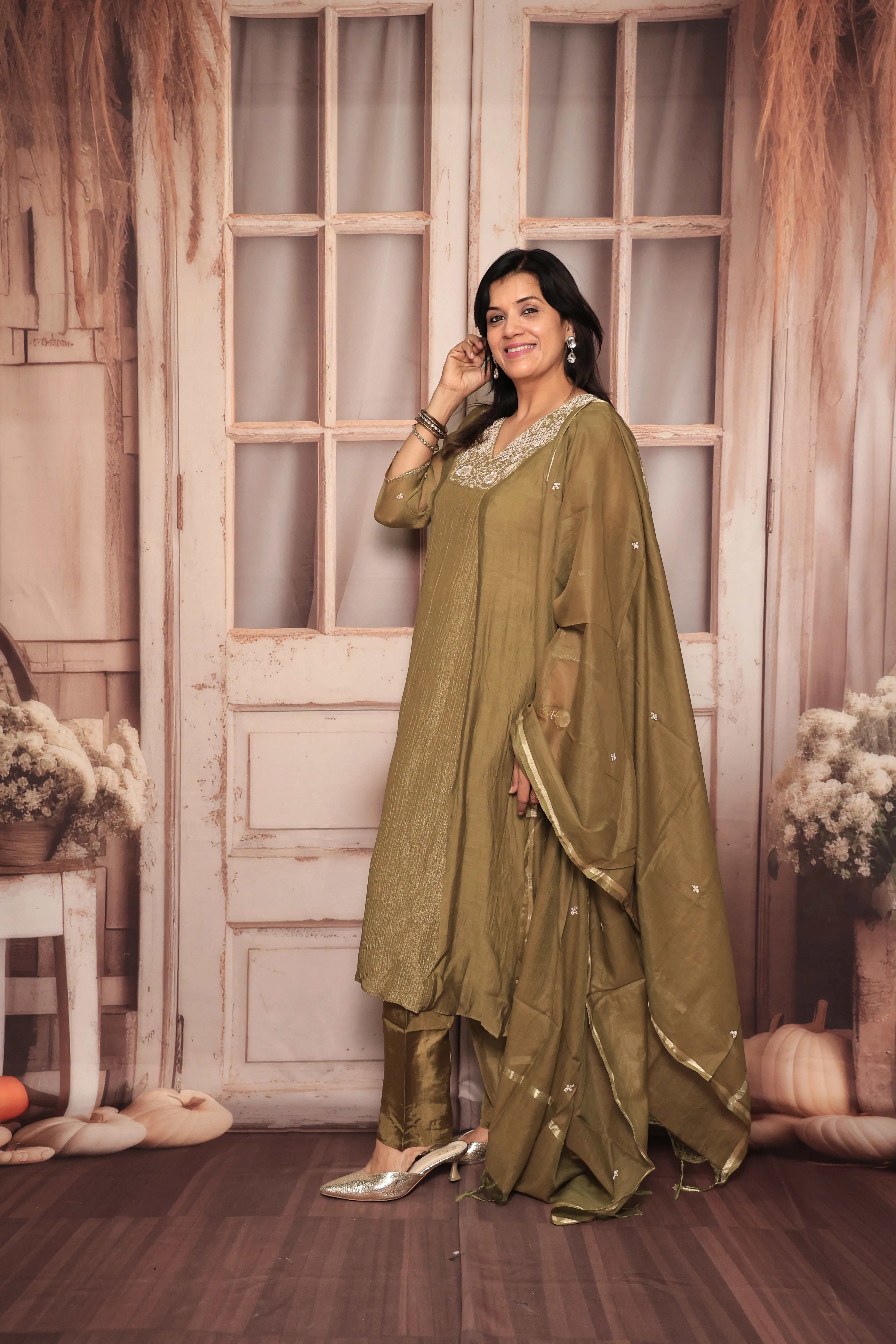 Bronze Olive A-Line Kurta Pant Dupatta Set | Pearl & Sequin Embroidery | Pure Tissue Crush