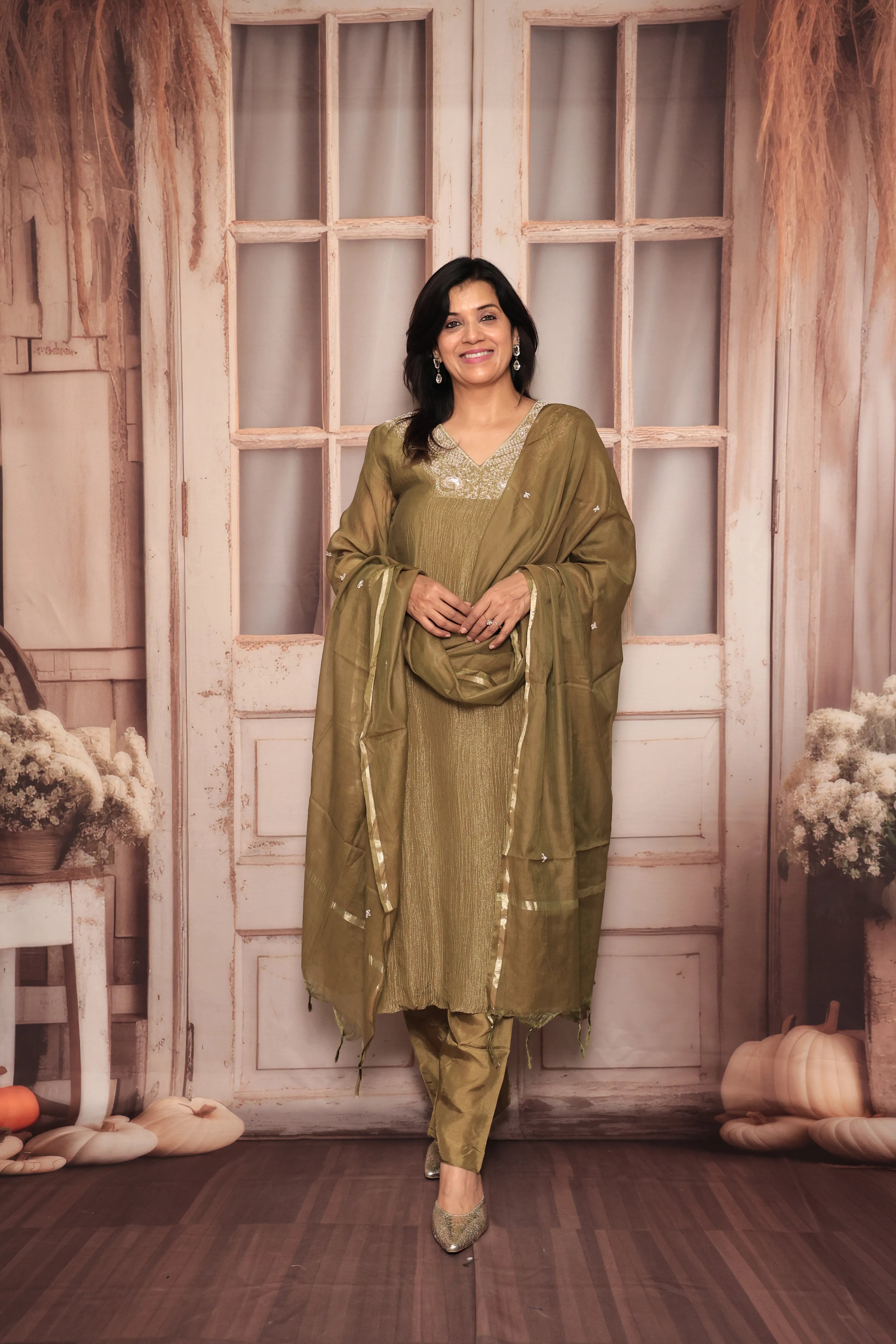 Bronze Olive A-Line Kurta Pant Dupatta Set | Pearl & Sequin Embroidery | Pure Tissue Crush