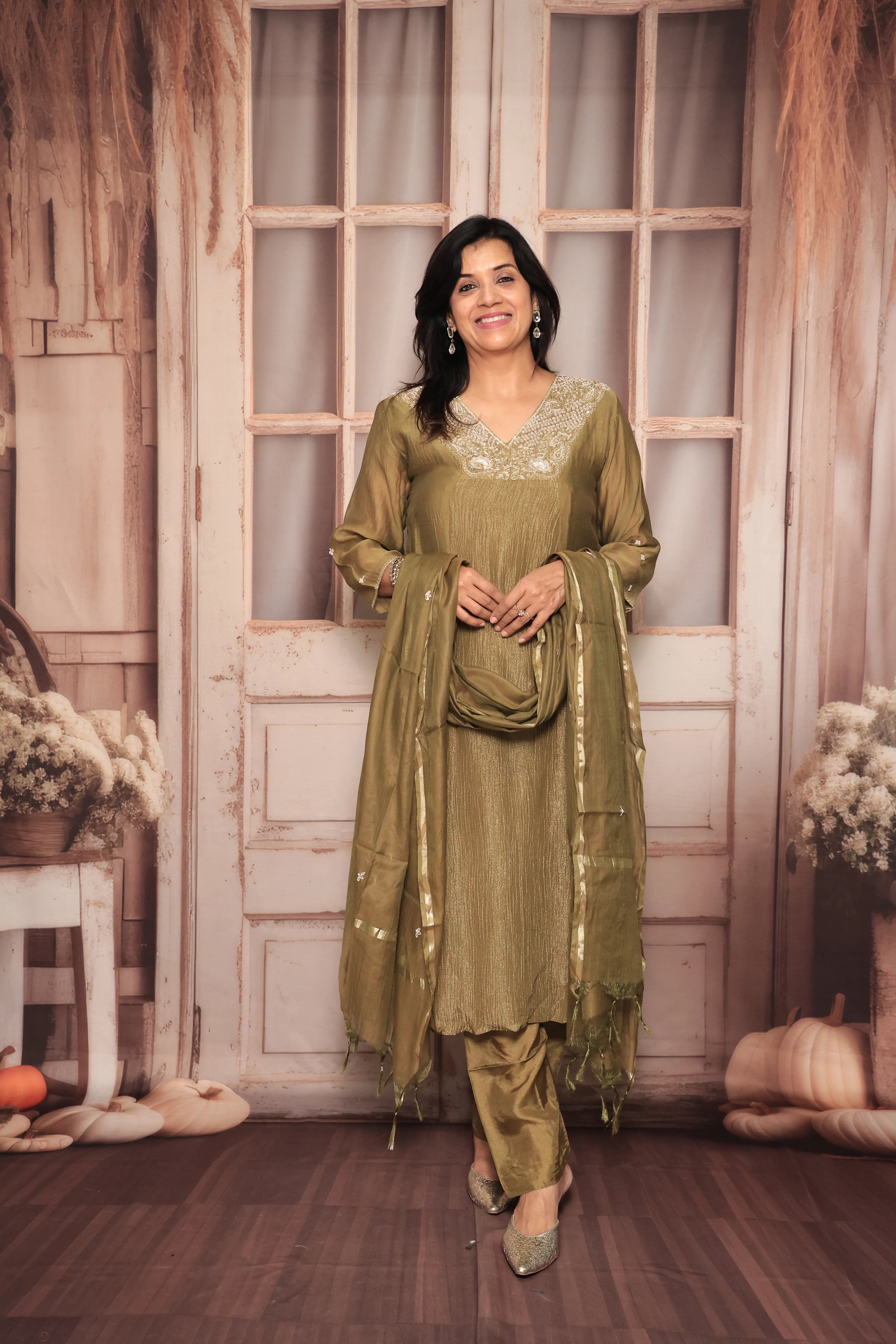 Bronze Olive A-Line Kurta Pant Dupatta Set | Pearl & Sequin Embroidery | Pure Tissue Crush