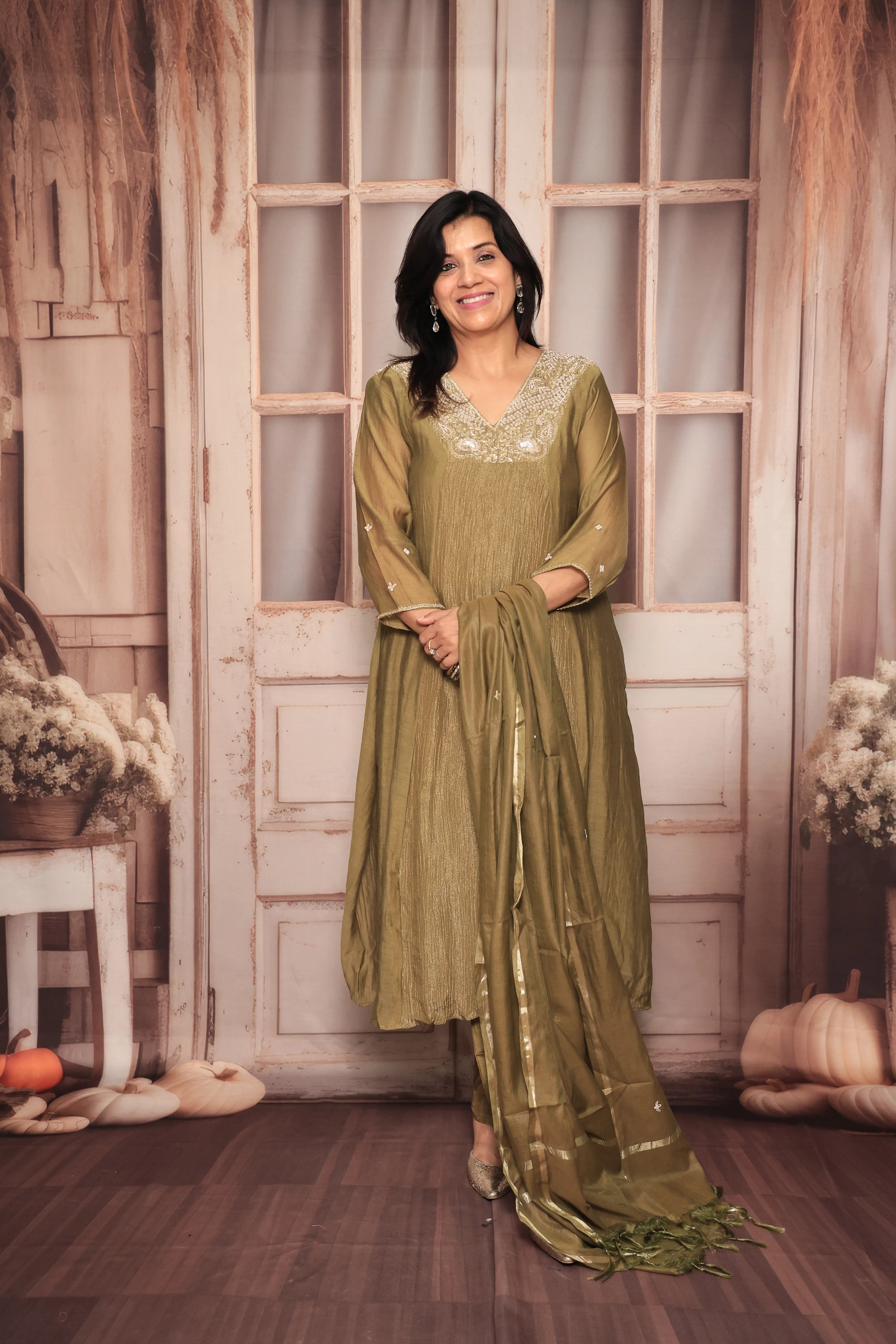 Bronze Olive A-Line Kurta Pant Dupatta Set | Pearl & Sequin Embroidery | Pure Tissue Crush