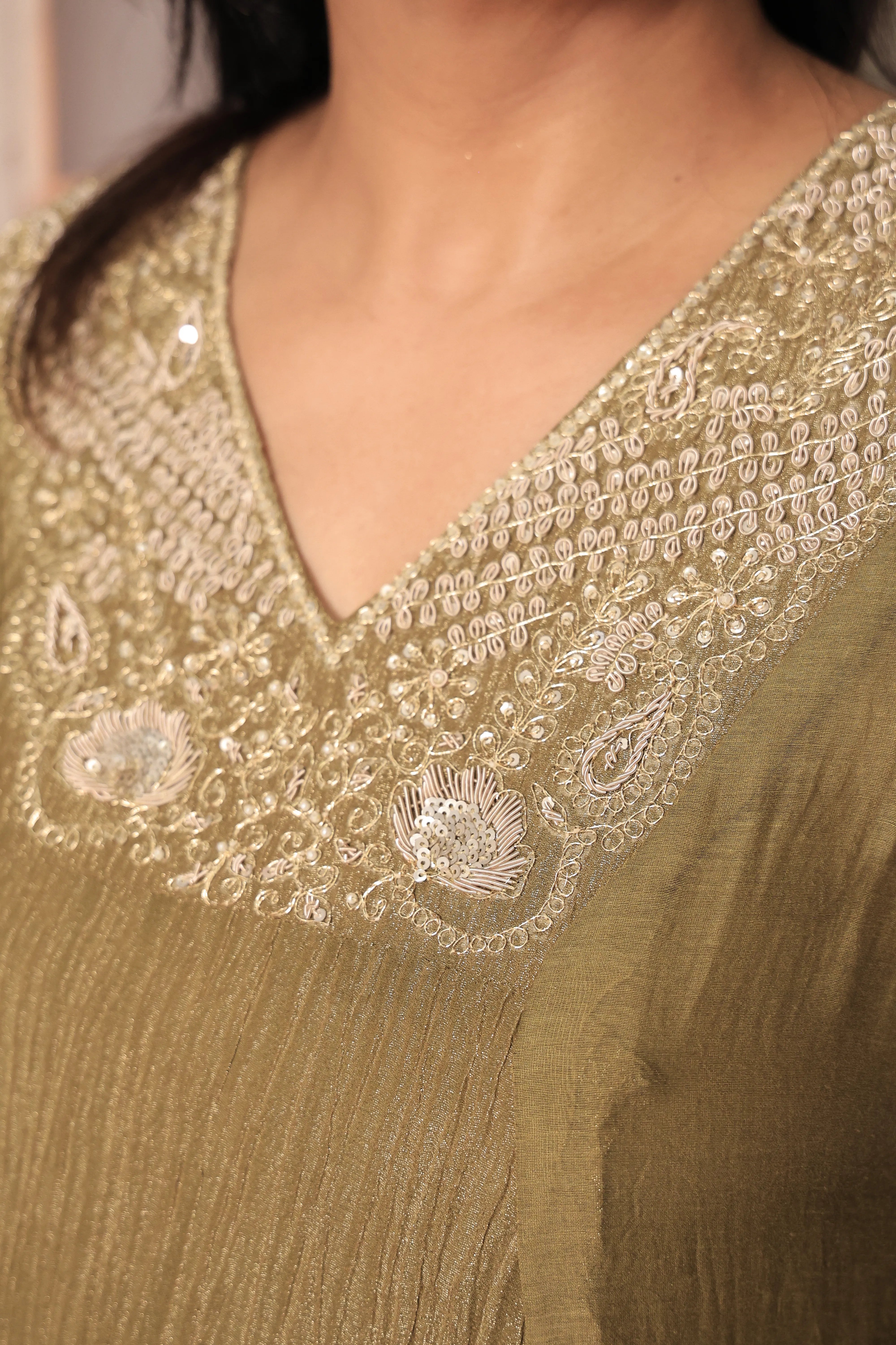 Bronze Olive A-Line Kurta Pant Dupatta Set | Pearl & Sequin Embroidery | Pure Tissue Crush