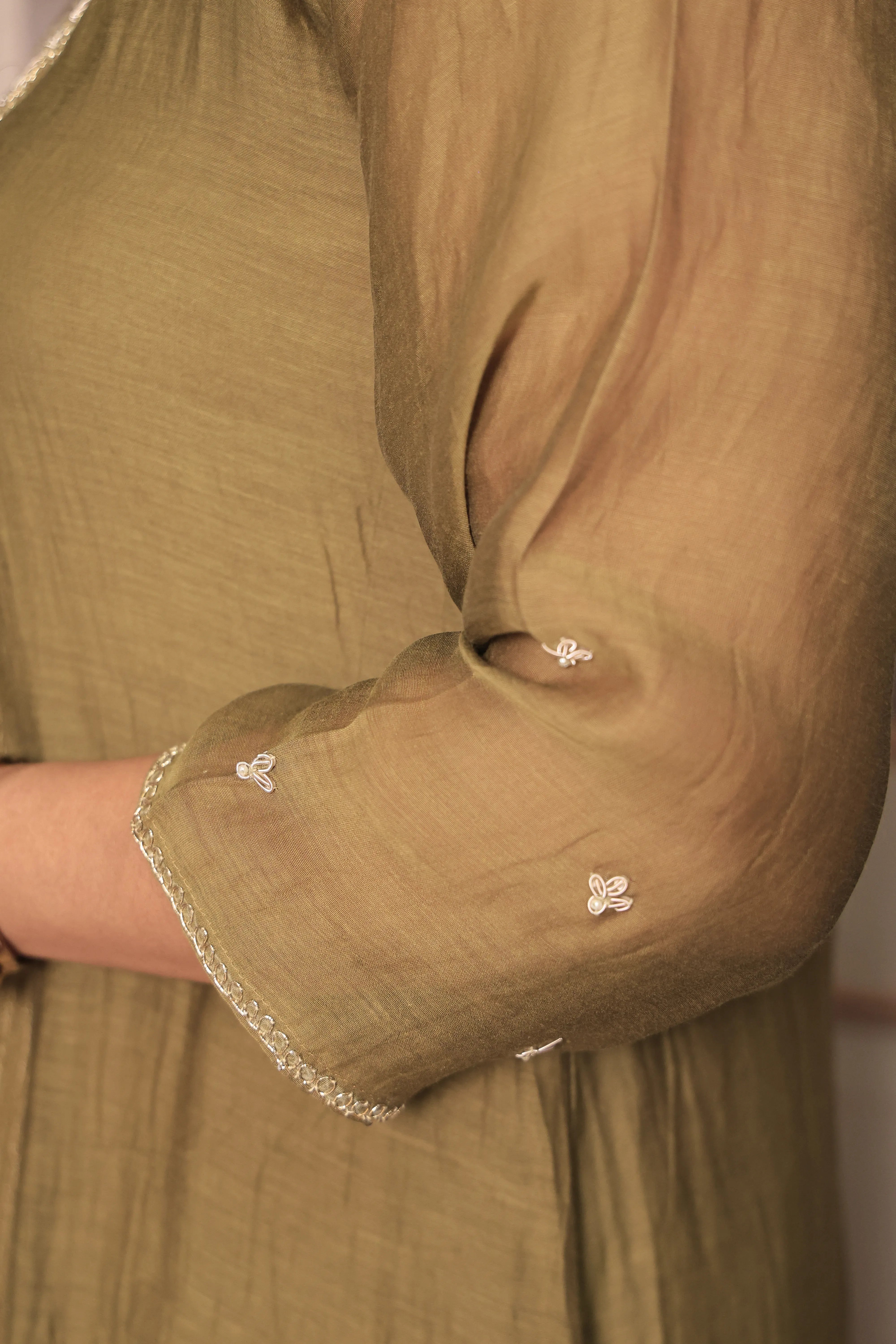 Bronze Olive A-Line Kurta Pant Dupatta Set | Pearl & Sequin Embroidery | Pure Tissue Crush