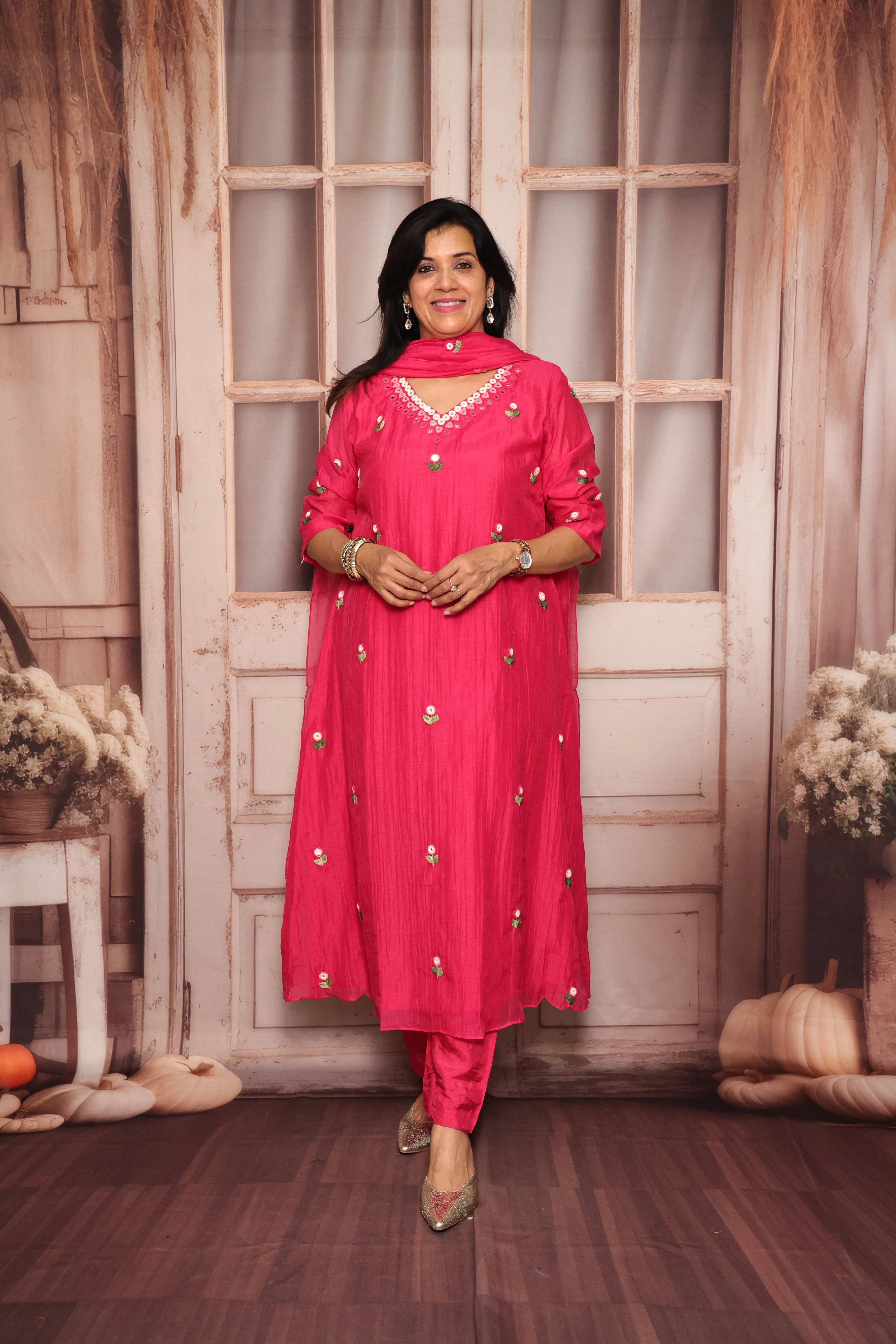 Rani Pink A-Line Kurta Pant Dupatta Set | Hand Work & Mirror Embroidery | Pure Banarasi Mul Chanderi