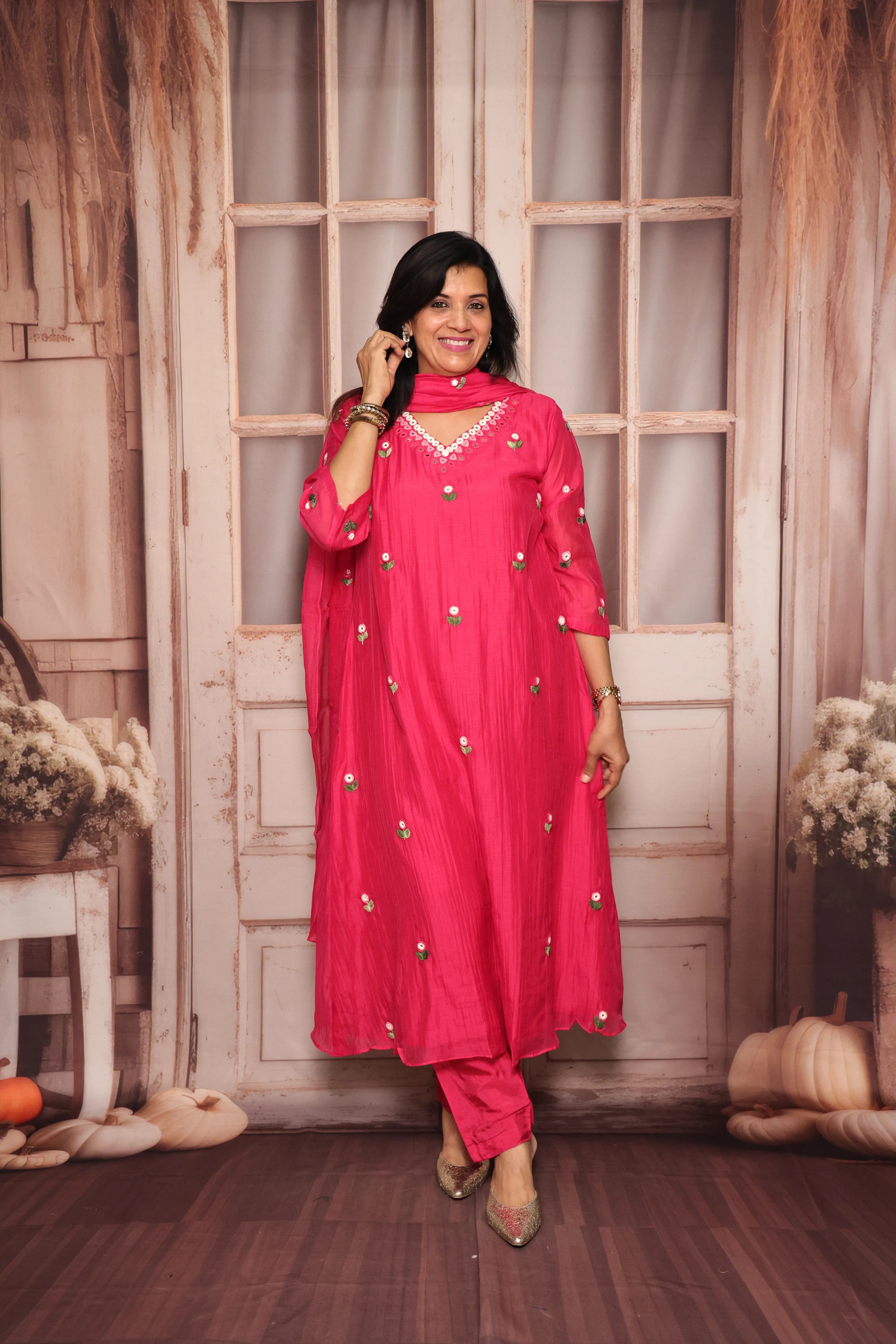Rani Pink A-Line Kurta Pant Dupatta Set | Hand Work & Mirror Embroidery | Pure Banarasi Mul Chanderi