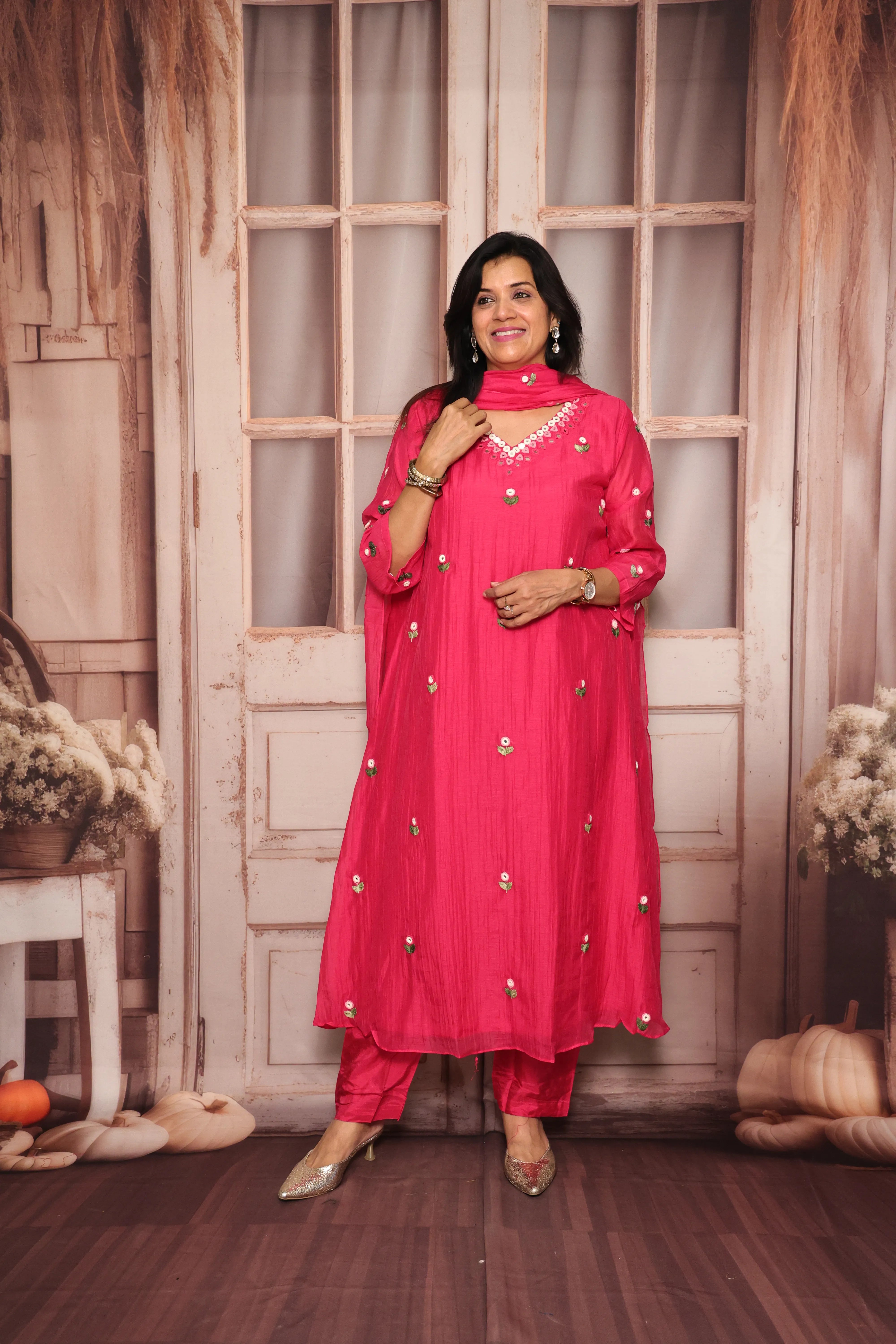 Rani Pink A-Line Kurta Pant Dupatta Set | Hand Work & Mirror Embroidery | Pure Banarasi Mul Chanderi
