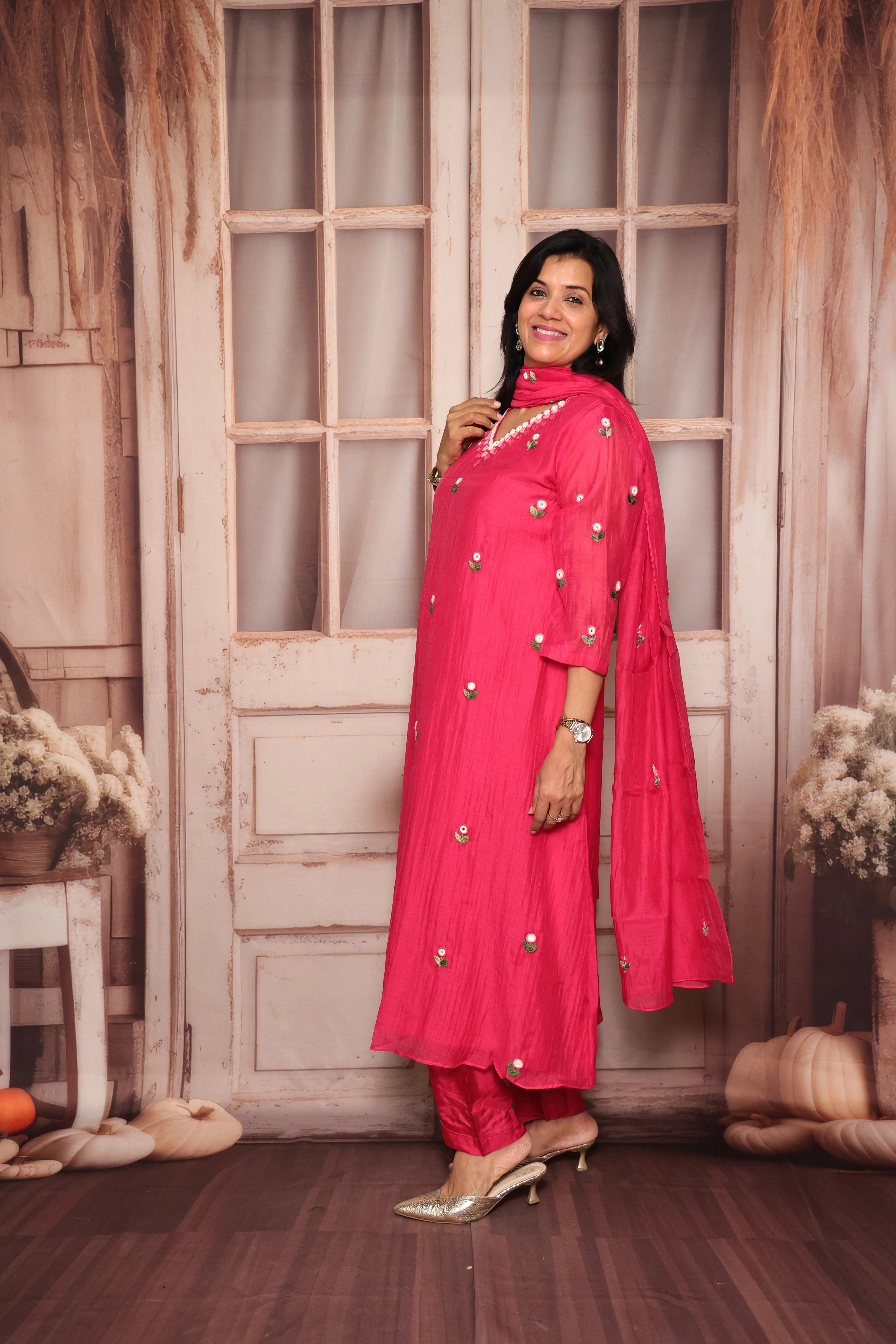 Rani Pink A-Line Kurta Pant Dupatta Set | Hand Work & Mirror Embroidery | Pure Banarasi Mul Chanderi
