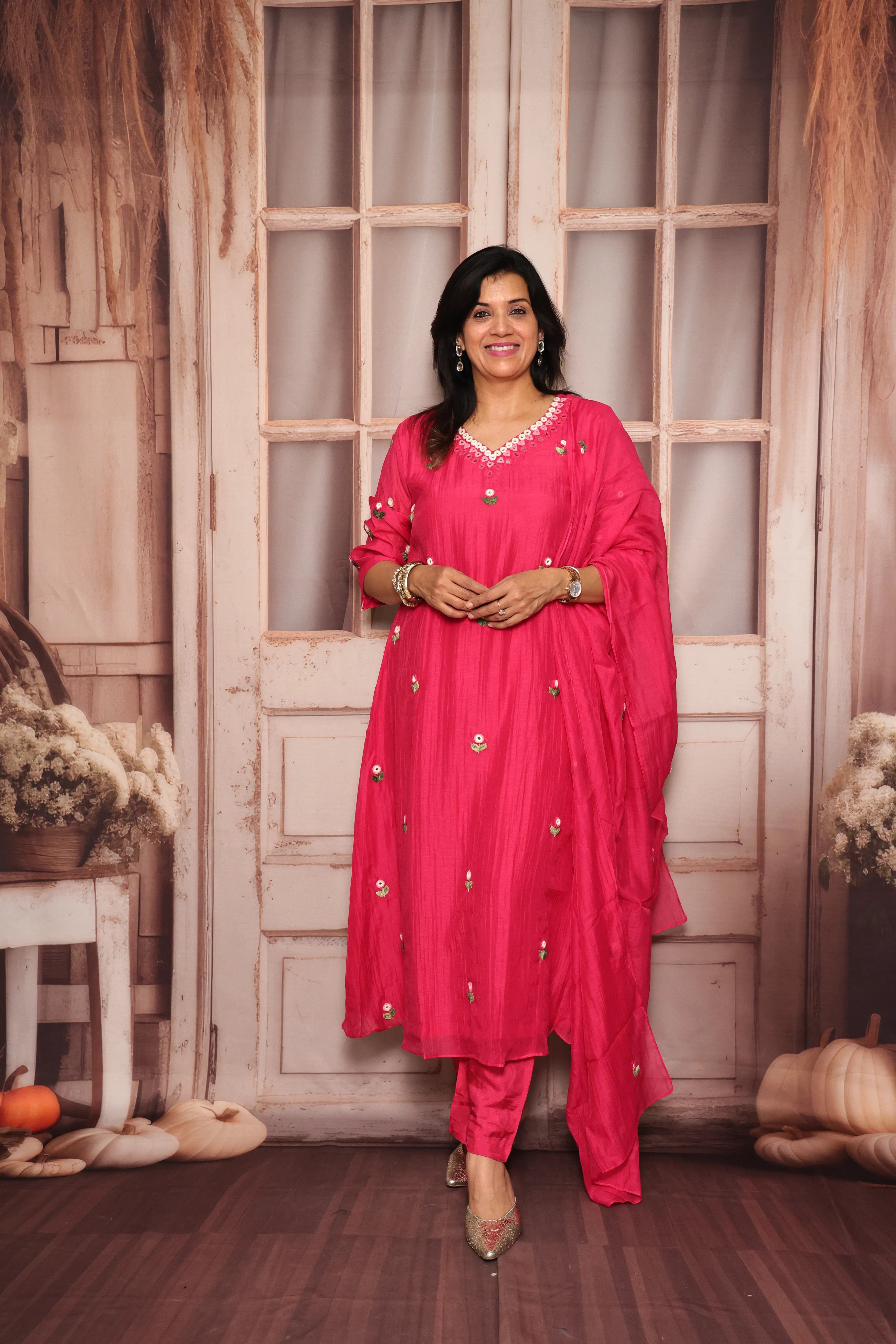 Rani Pink A-Line Kurta Pant Dupatta Set | Hand Work & Mirror Embroidery | Pure Banarasi Mul Chanderi