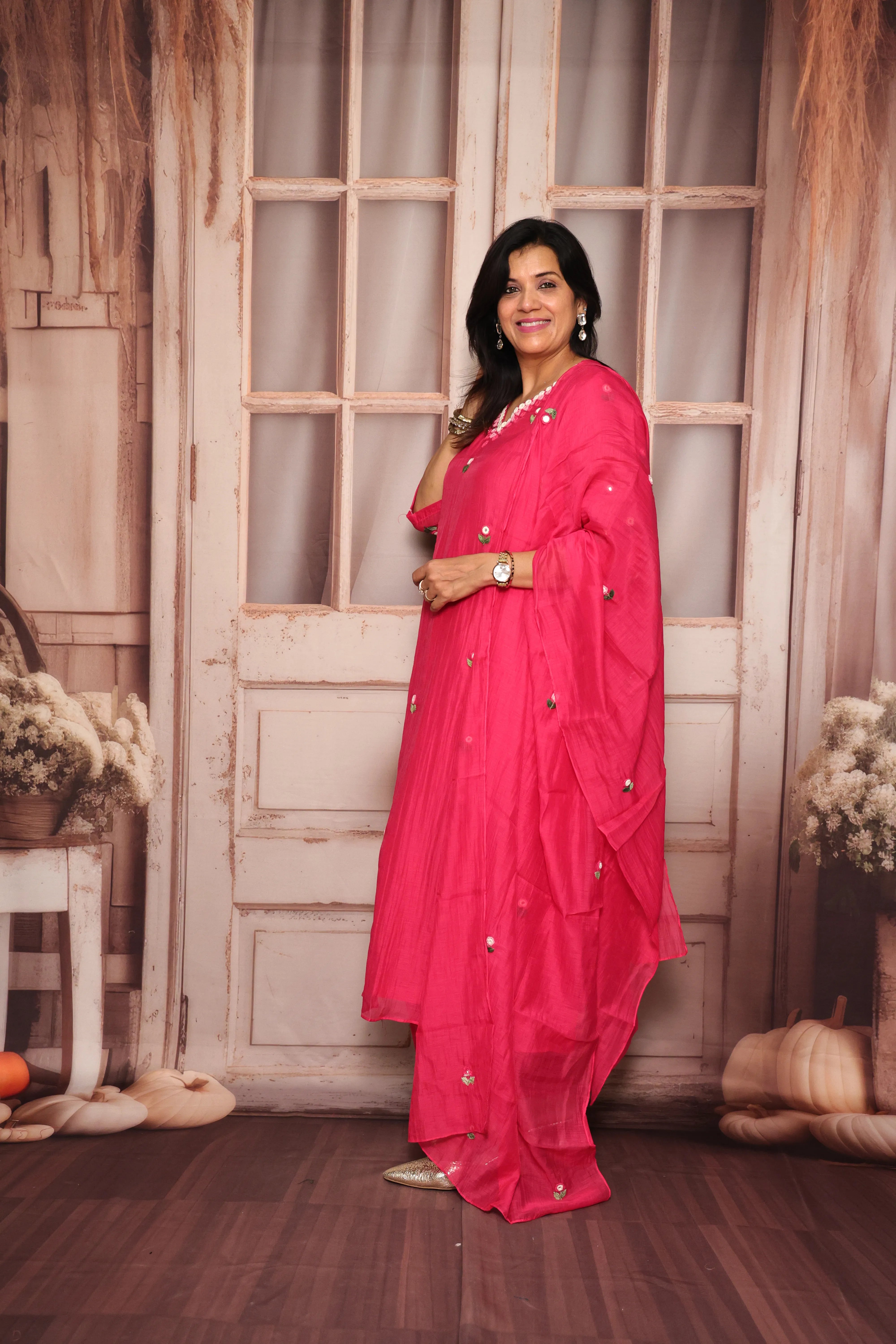 Rani Pink A-Line Kurta Pant Dupatta Set | Hand Work & Mirror Embroidery | Pure Banarasi Mul Chanderi