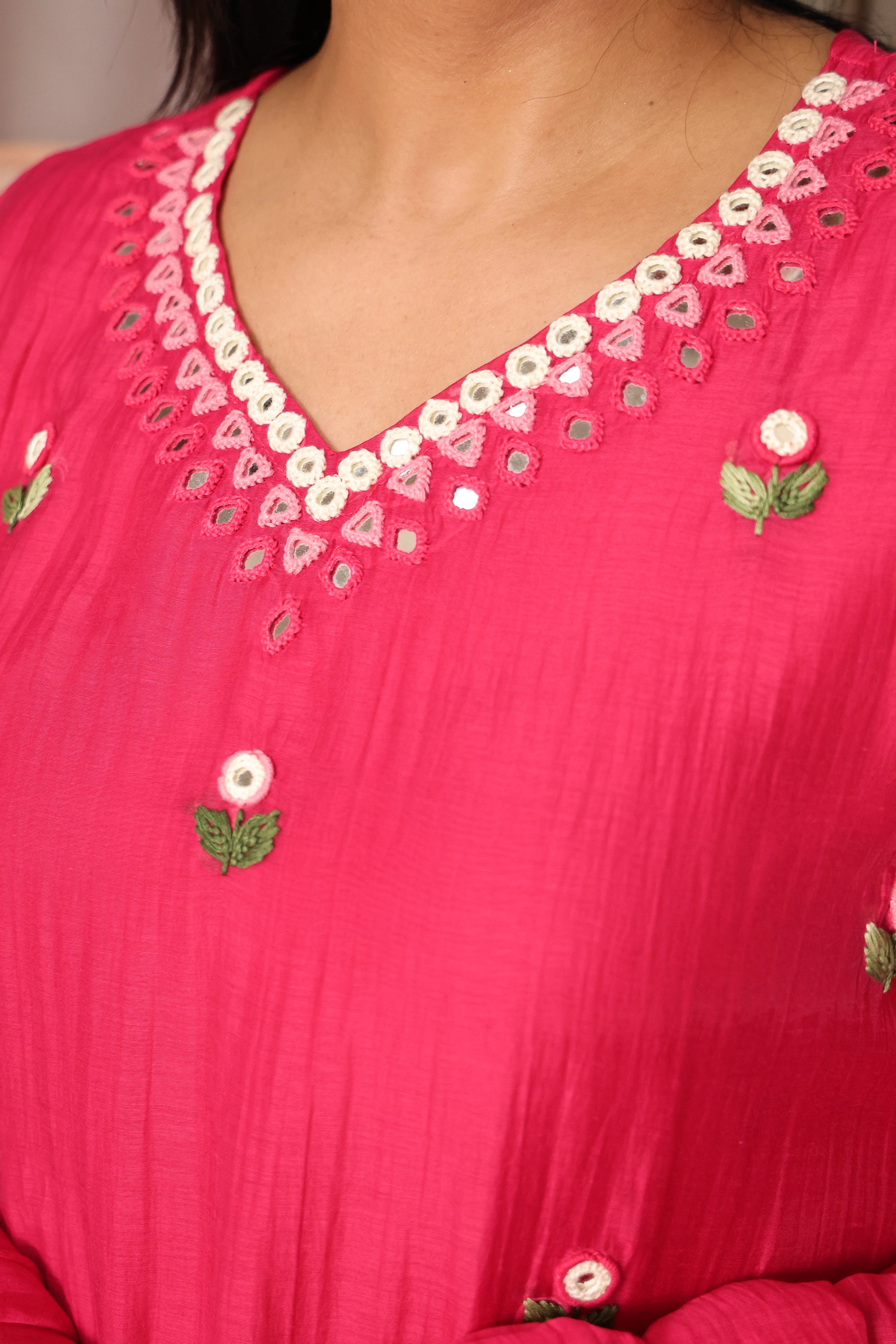 Rani Pink A-Line Kurta Pant Dupatta Set | Hand Work & Mirror Embroidery | Pure Banarasi Mul Chanderi