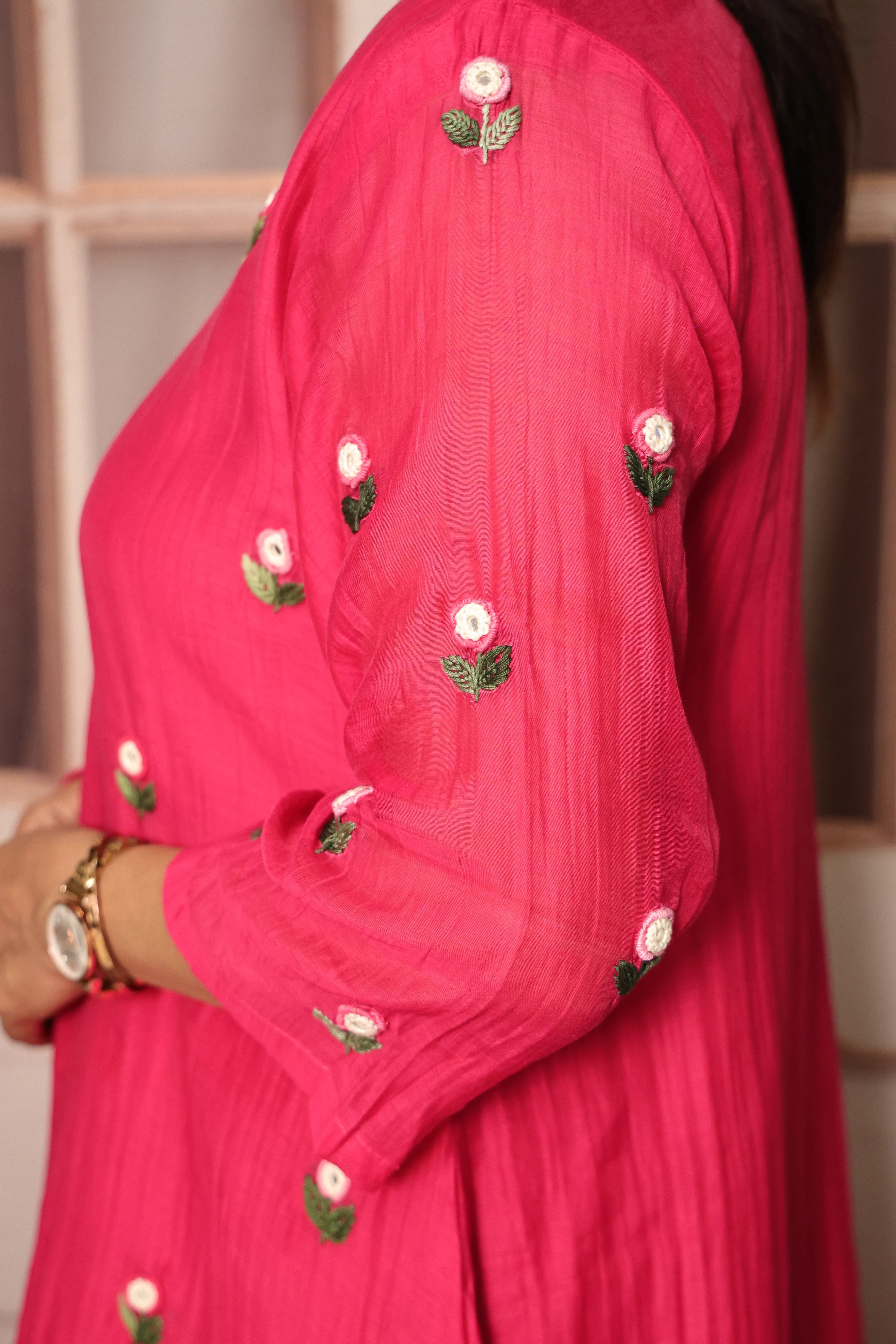 Rani Pink A-Line Kurta Pant Dupatta Set | Hand Work & Mirror Embroidery | Pure Banarasi Mul Chanderi