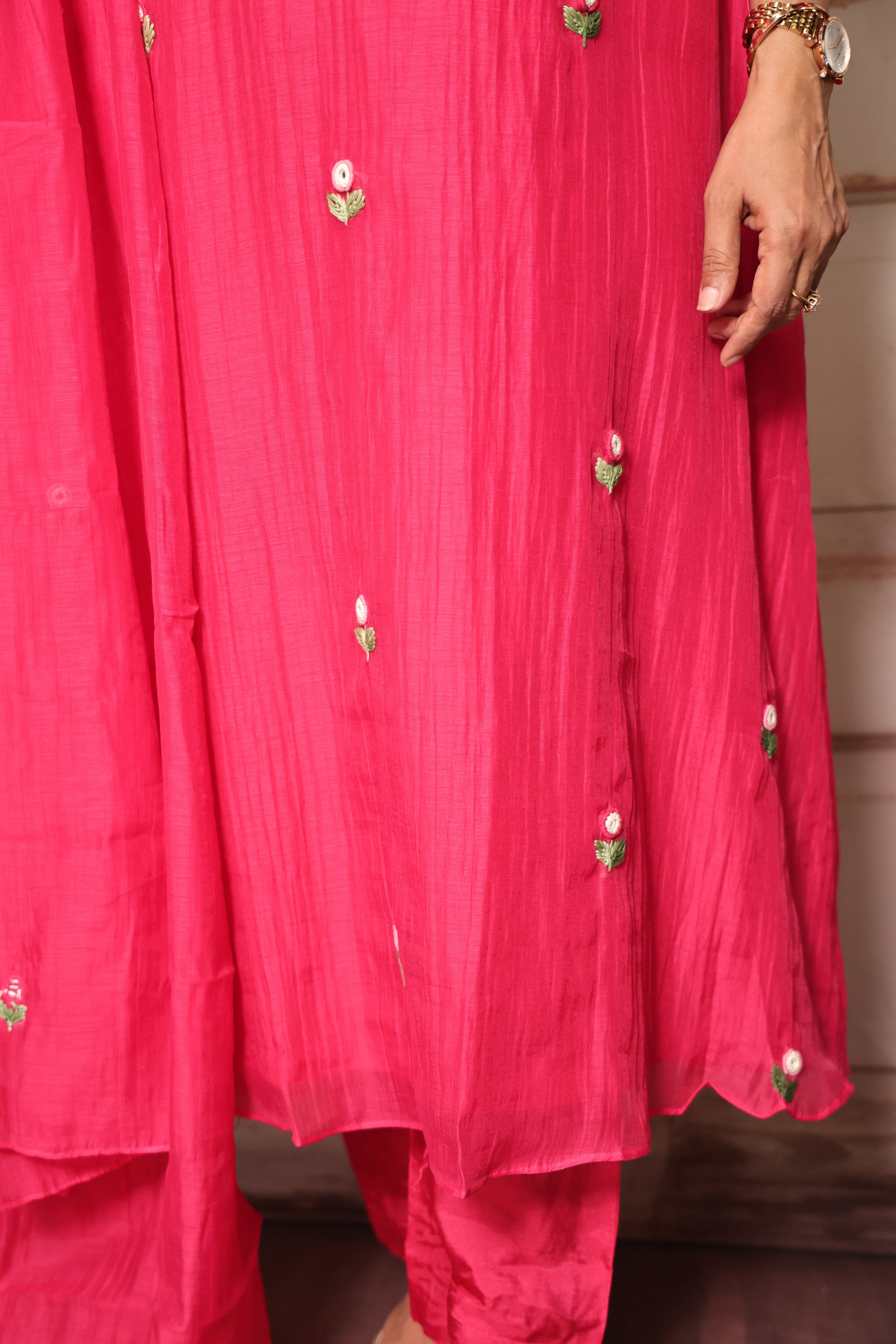 Rani Pink A-Line Kurta Pant Dupatta Set | Hand Work & Mirror Embroidery | Pure Banarasi Mul Chanderi