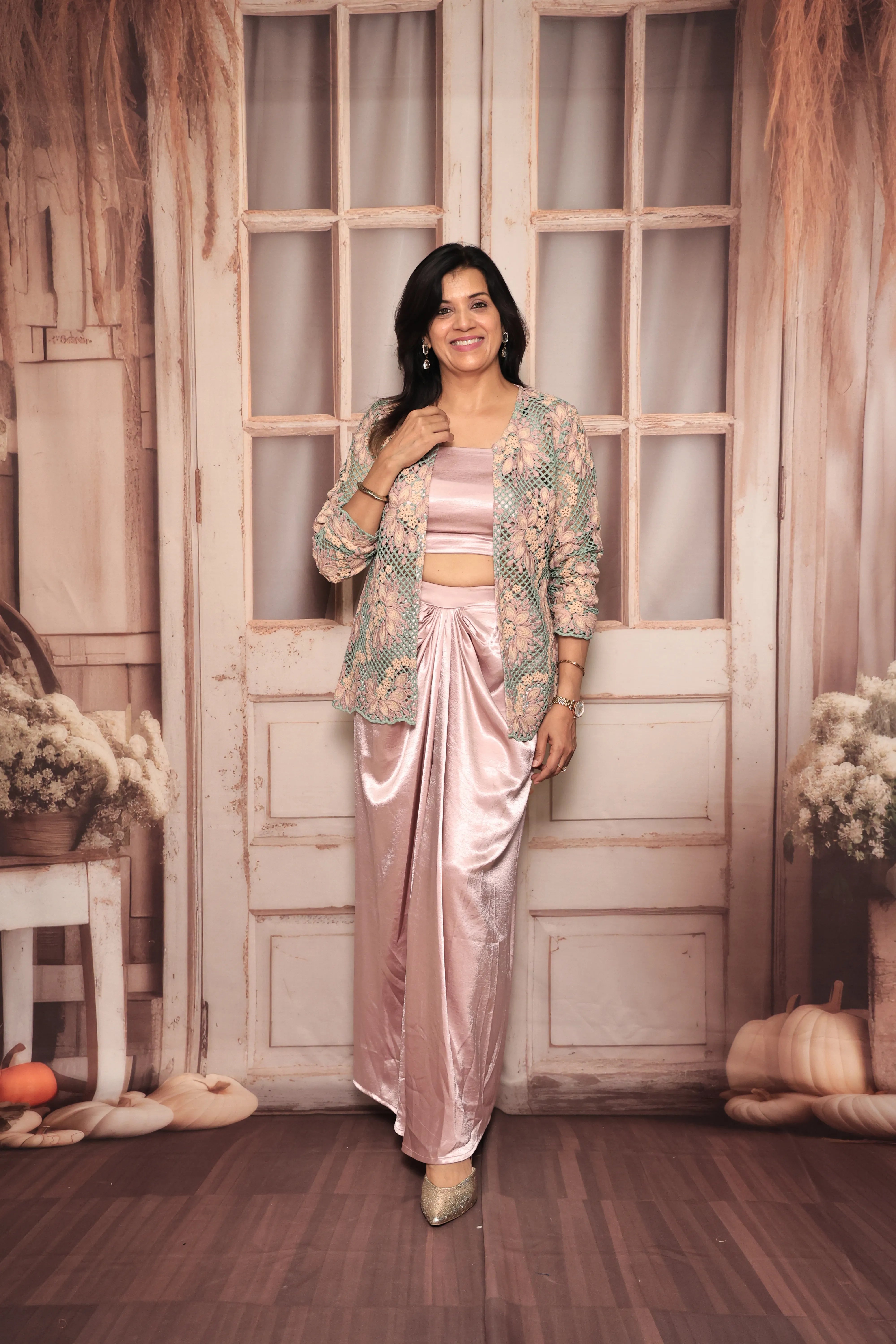 Baby Purple Indo-Western Three-Piece Set | Satin Silk | Contemporary Ethnic Wear