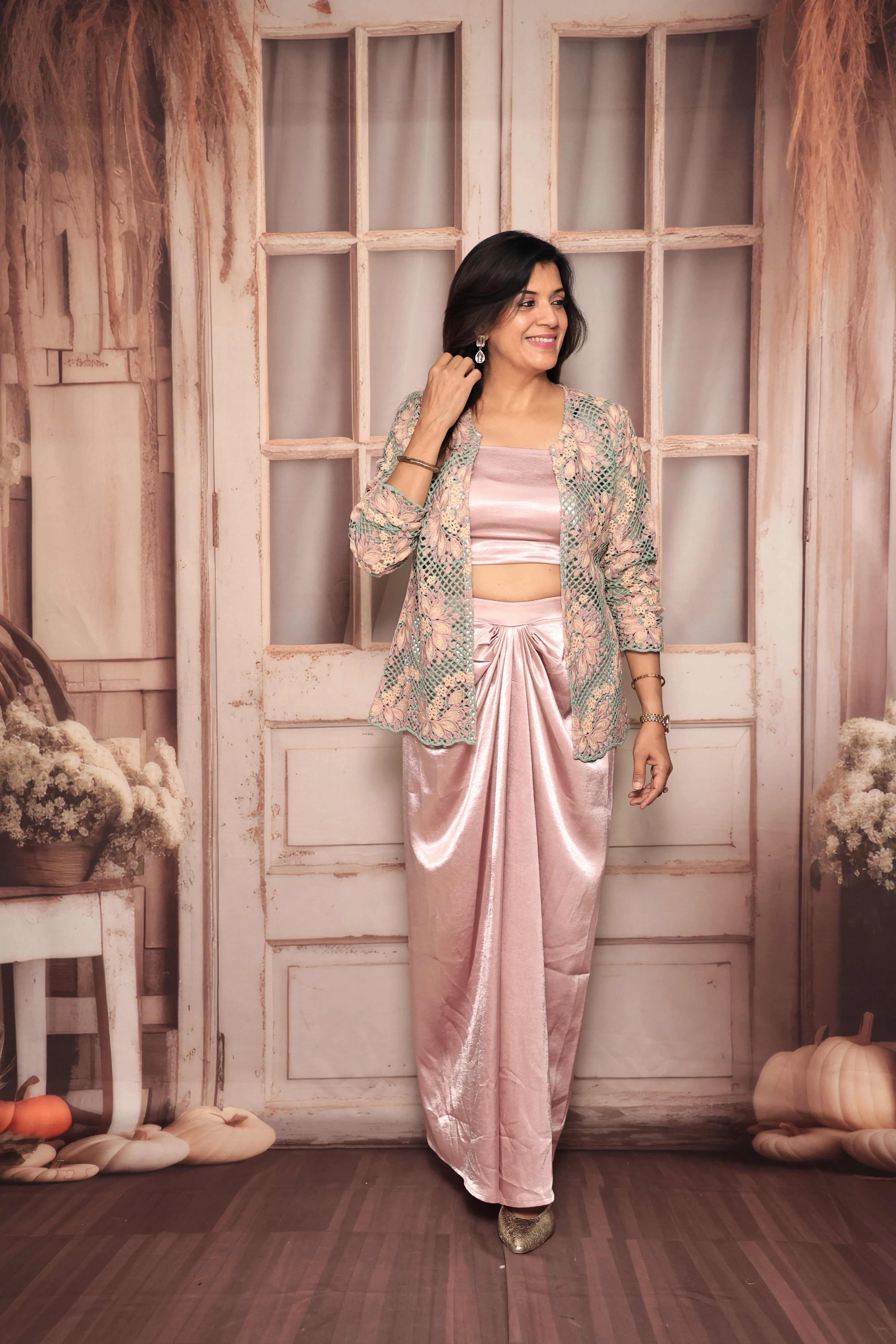 Baby Purple Indo-Western Three-Piece Set | Satin Silk | Contemporary Ethnic Wear