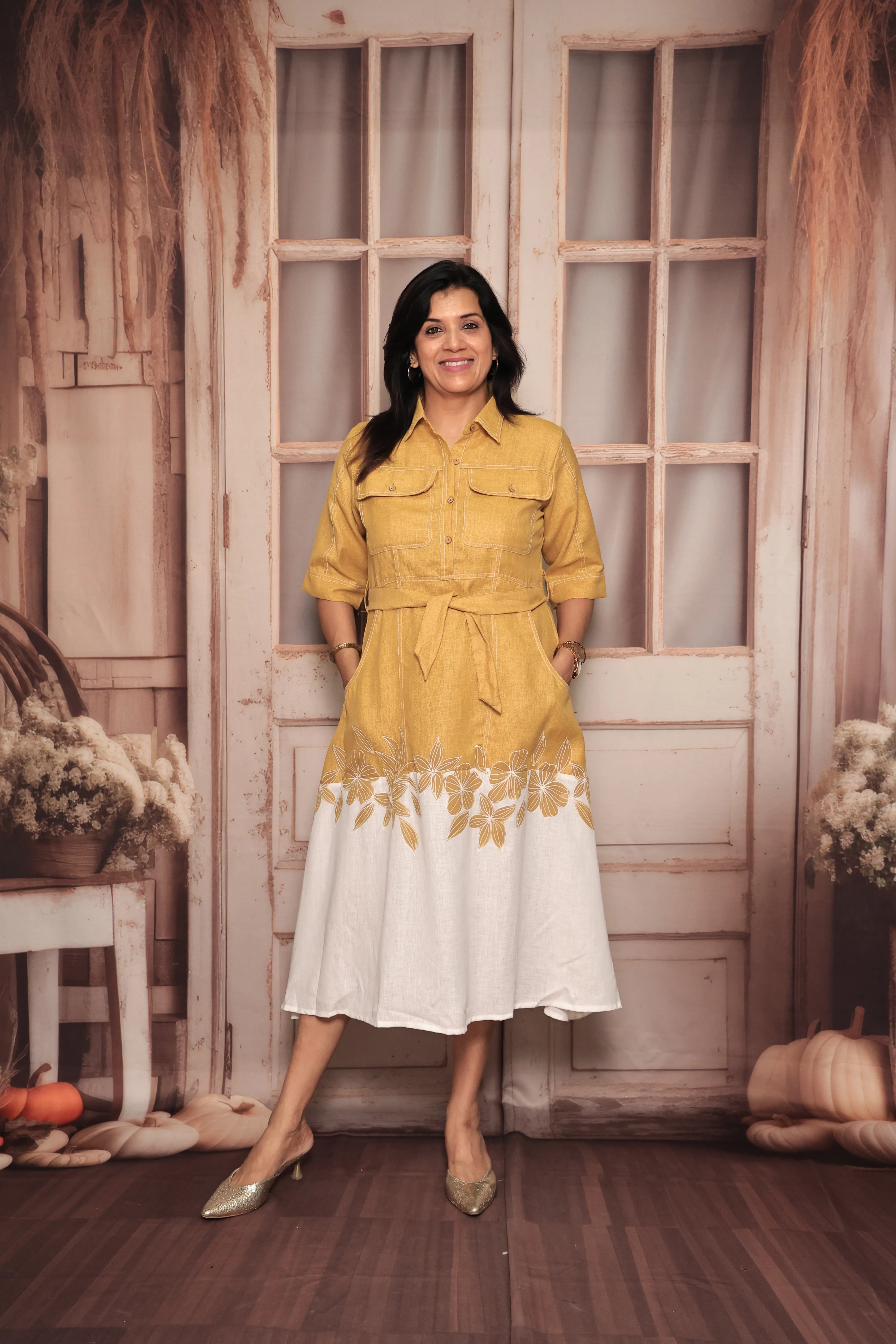 Yellow & White Floral Print One-Piece Dress | Collared | Belted | Pure Linen