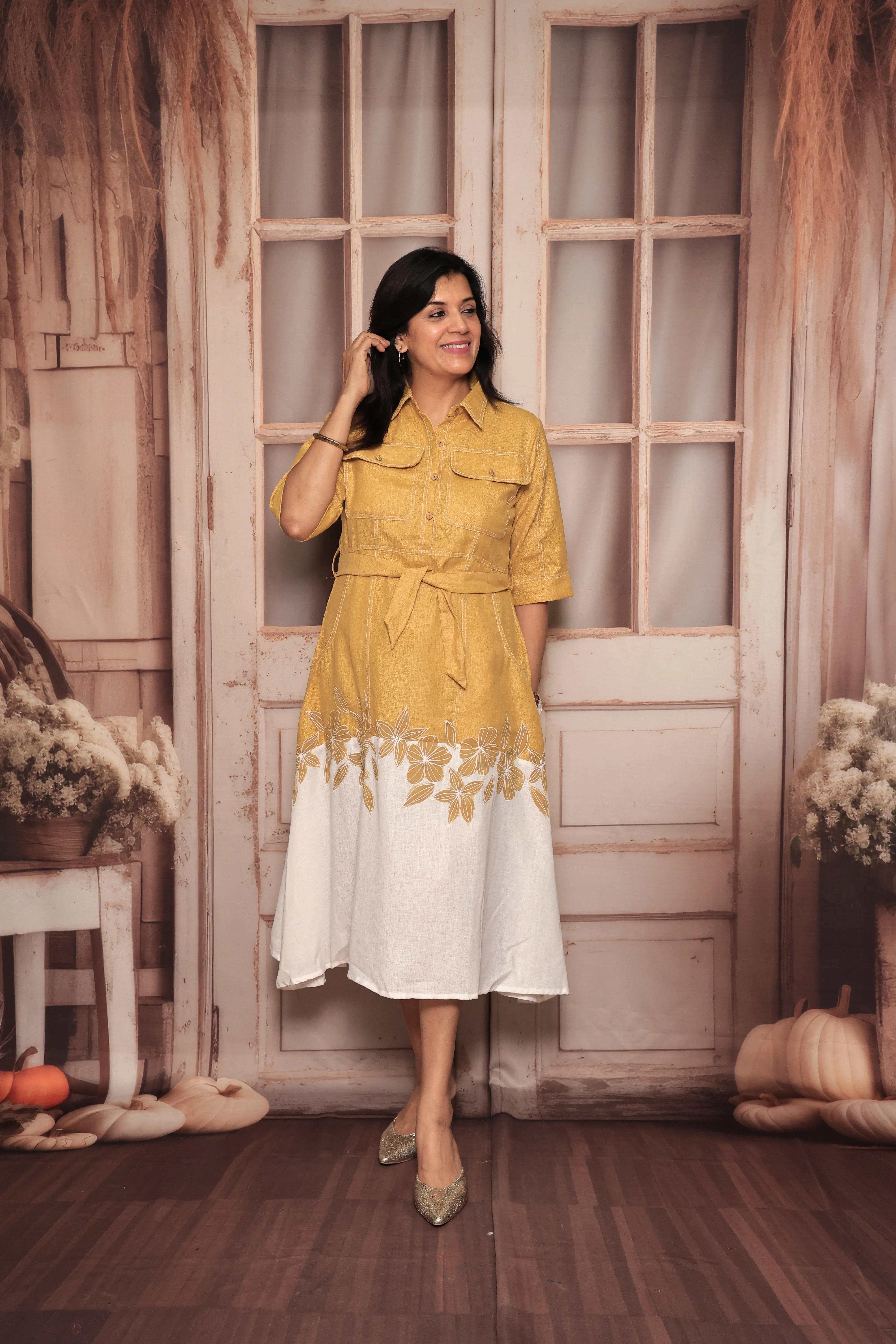 Yellow & White Floral Print One-Piece Dress | Collared | Belted | Pure Linen