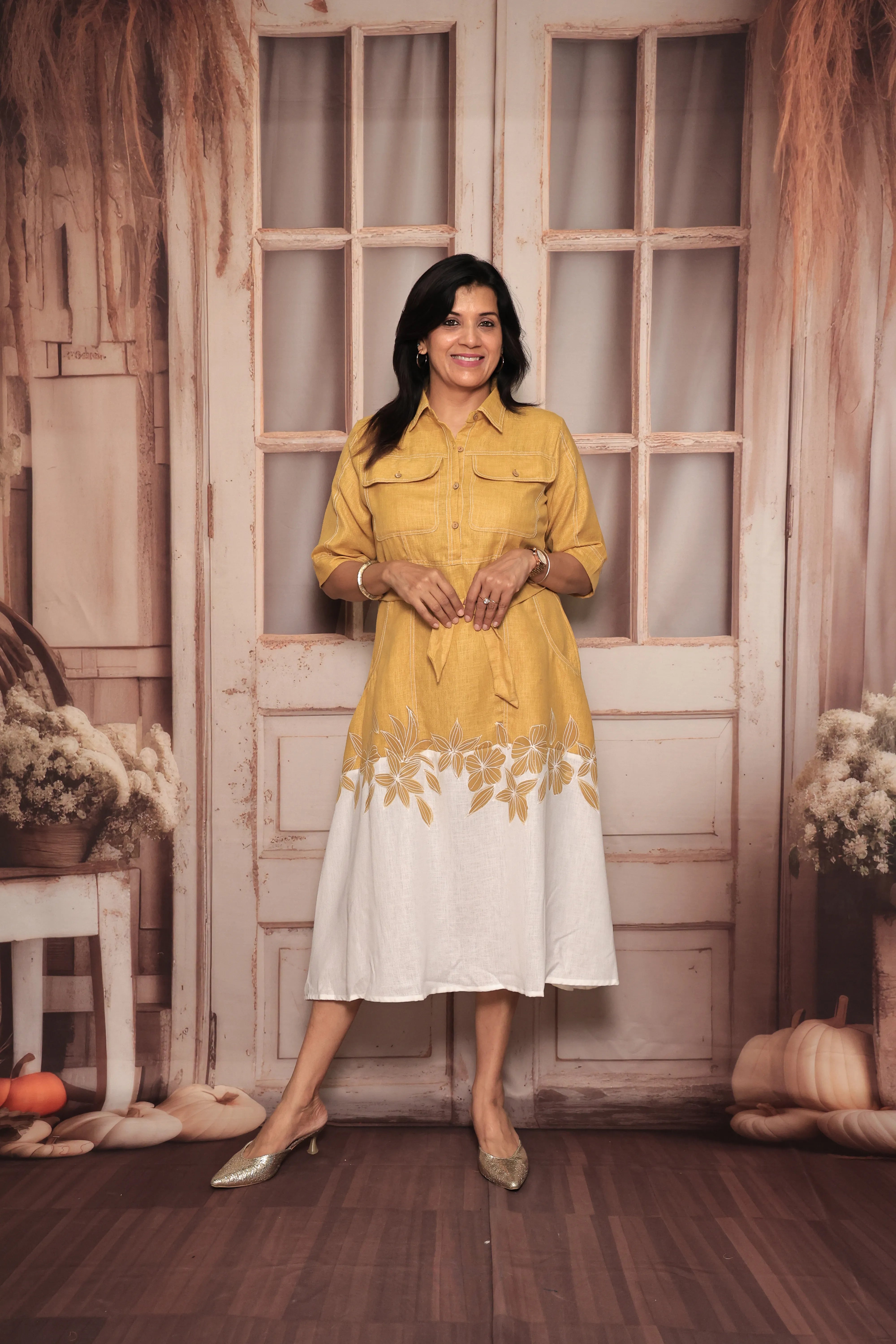 Yellow & White Floral Print One-Piece Dress | Collared | Belted | Pure Linen