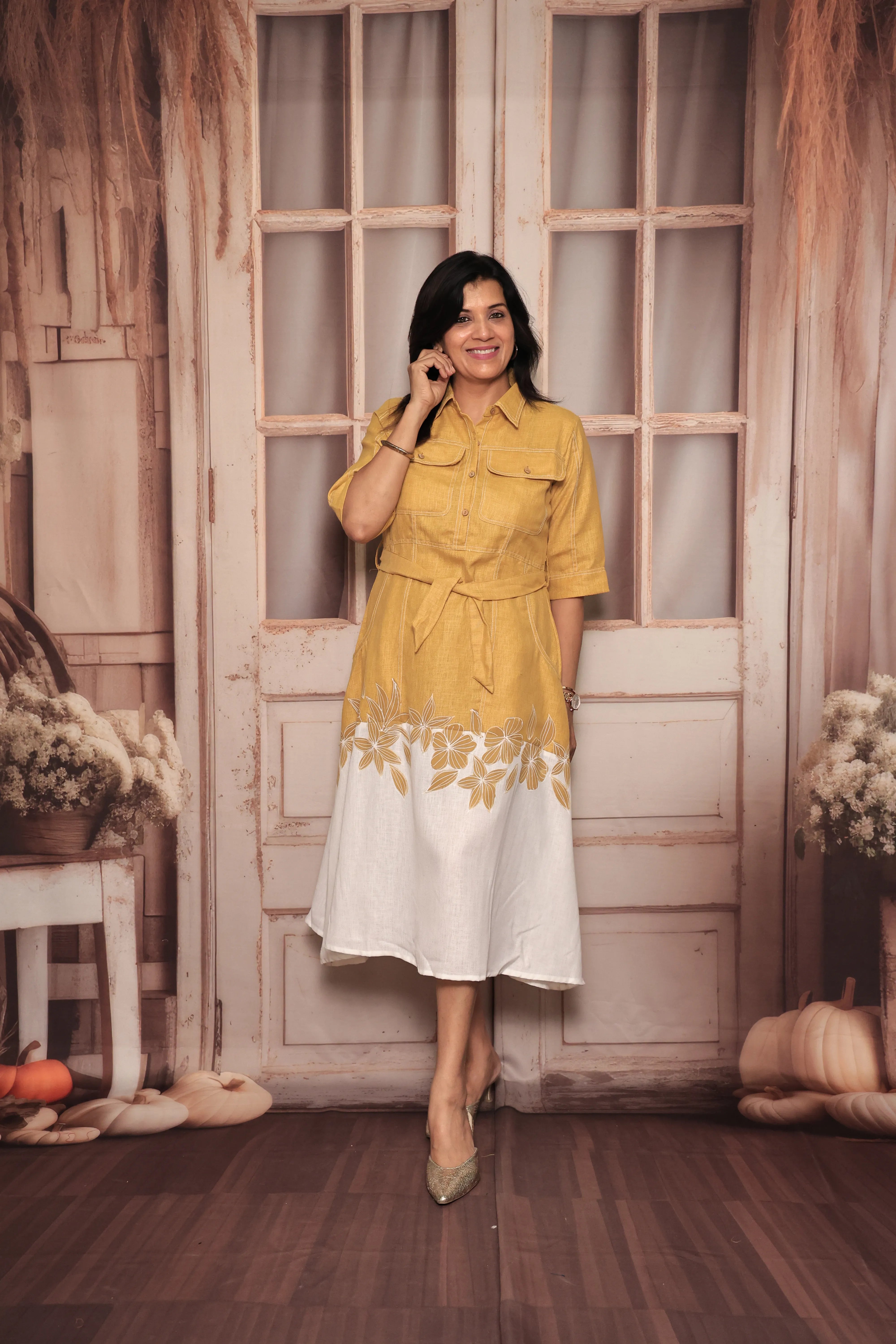 Yellow & White Floral Print One-Piece Dress | Collared | Belted | Pure Linen