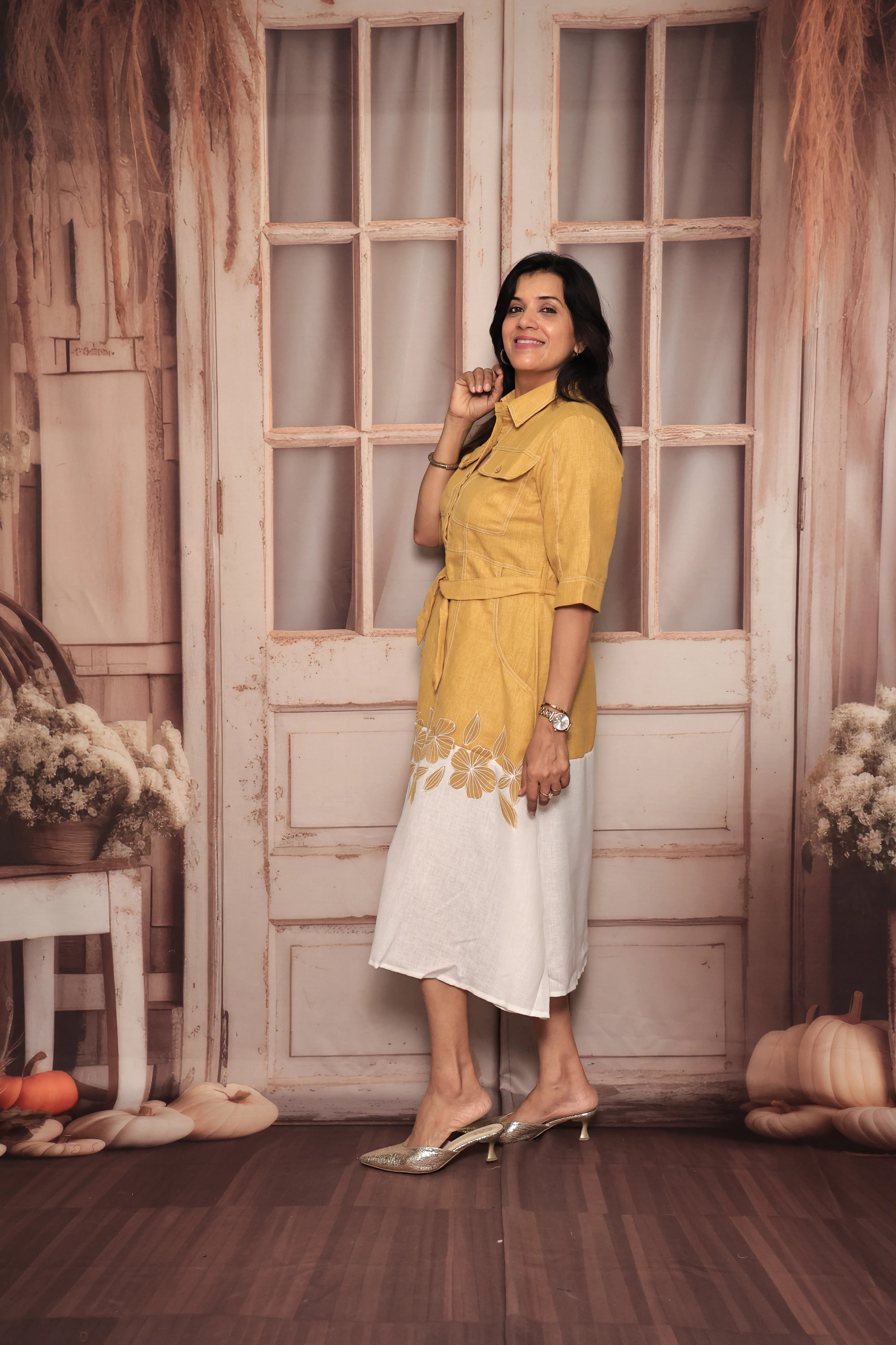 Yellow & White Floral Print One-Piece Dress | Collared | Belted | Pure Linen