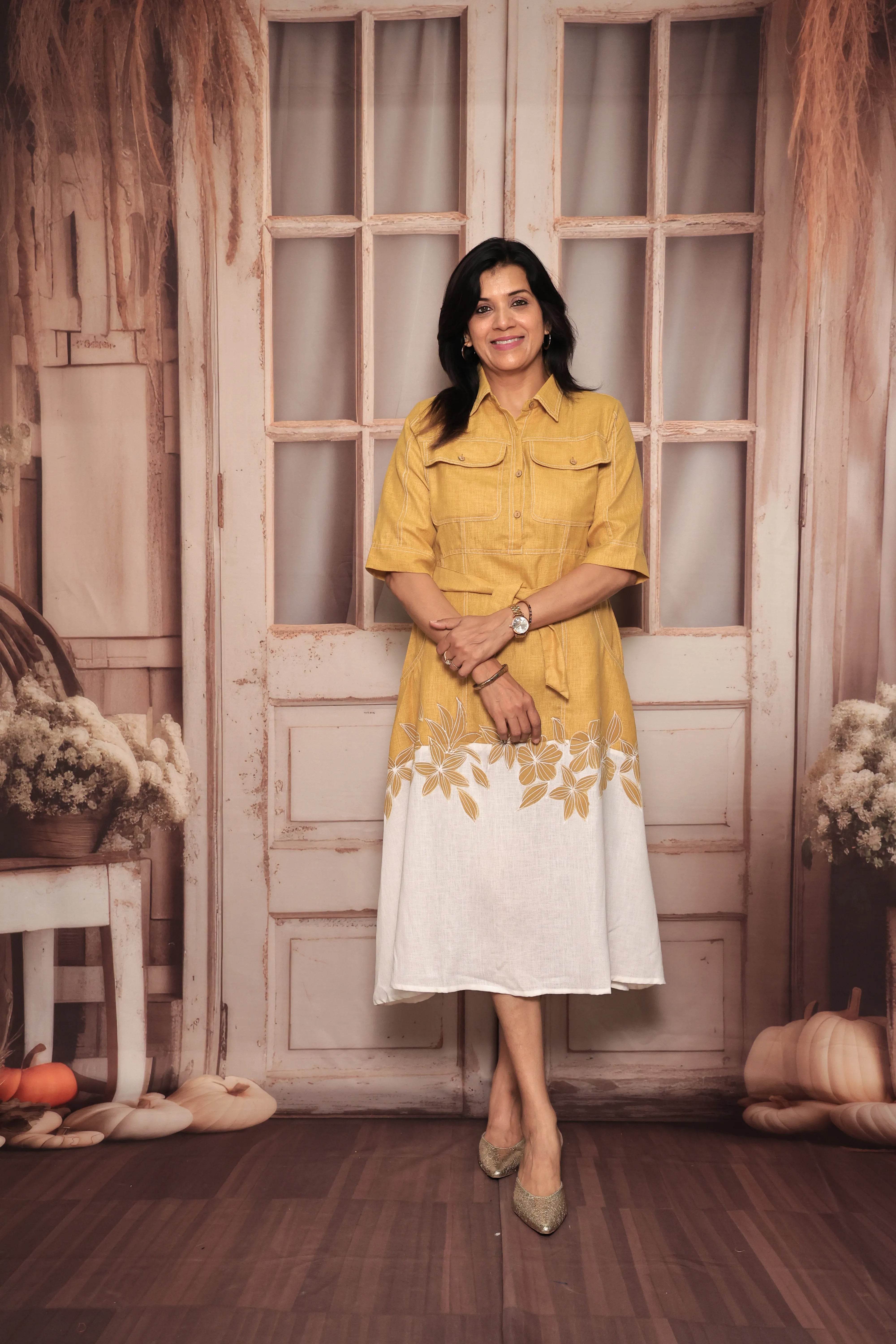 Yellow & White Floral Print One-Piece Dress | Collared | Belted | Pure Linen