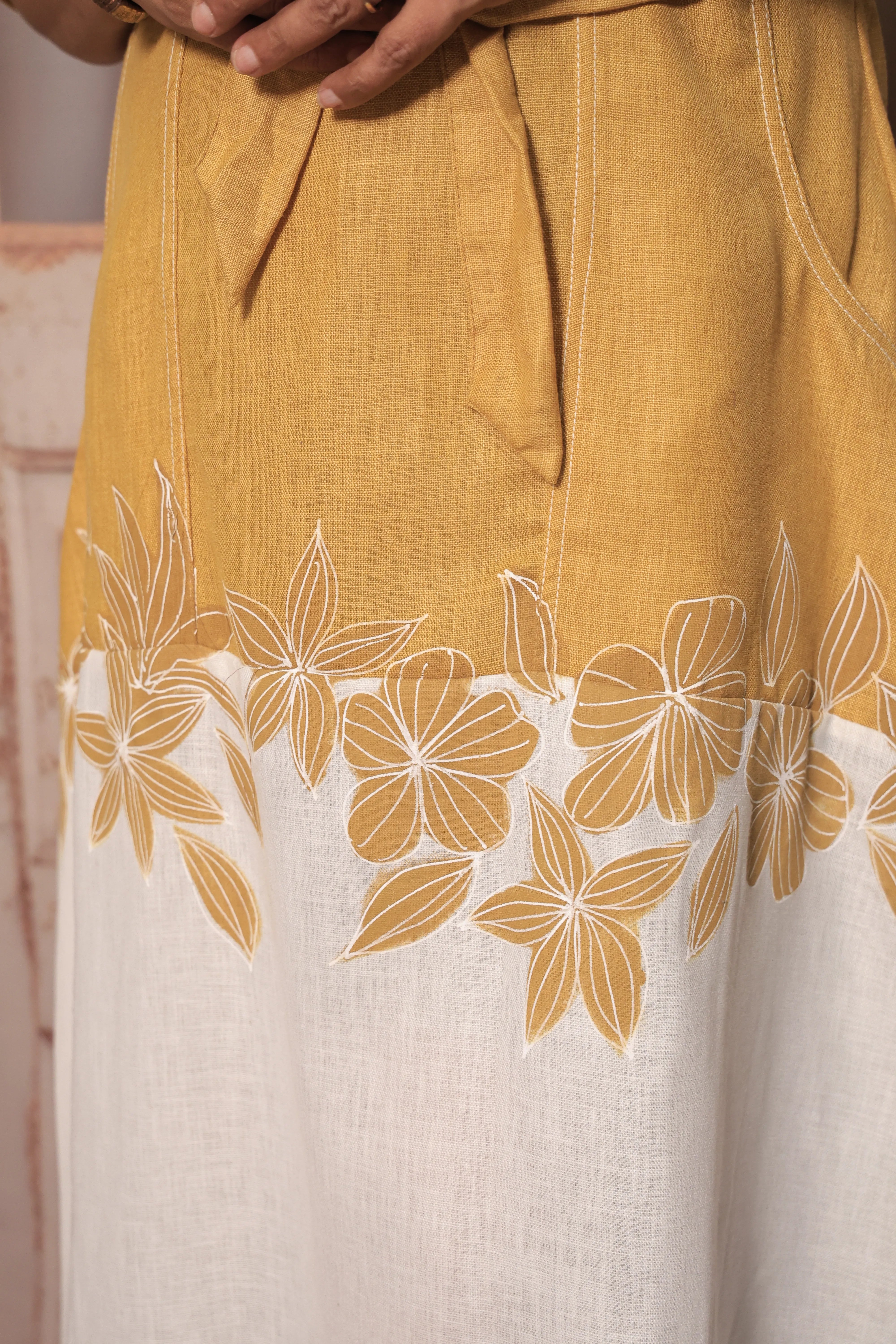 Yellow & White Floral Print One-Piece Dress | Collared | Belted | Pure Linen