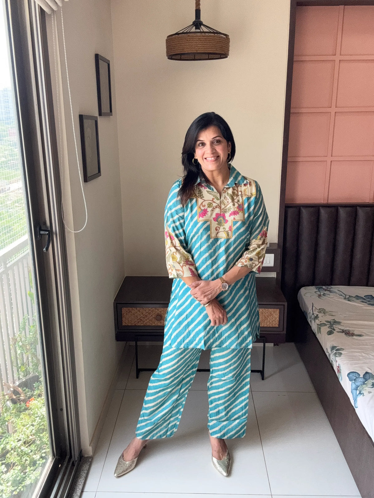 Blue Collared Short Kurti with Pant Co-Ord Set | Floral Leheriya Print with Matching Potli