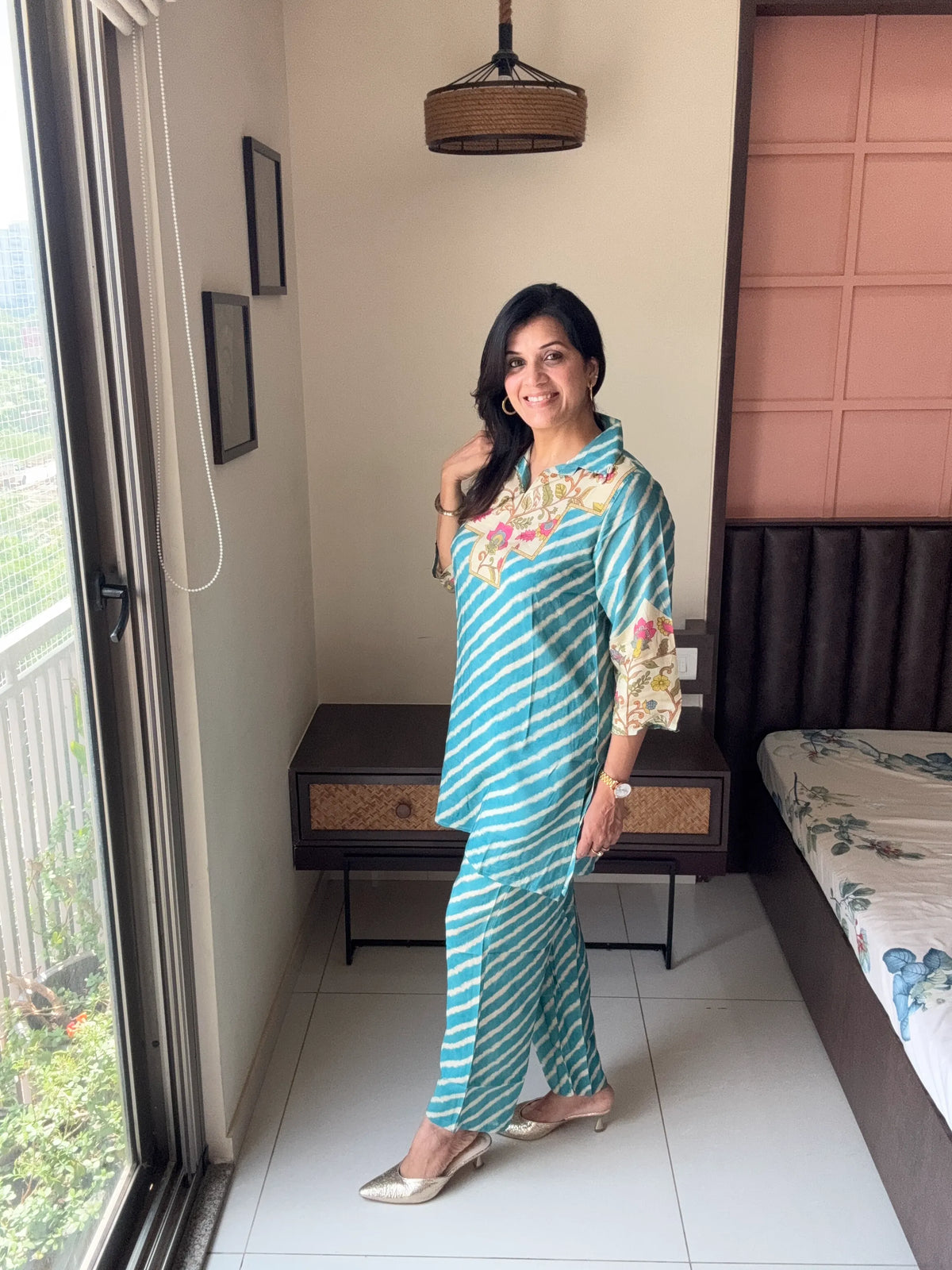 Blue Collared Short Kurti with Pant Co-Ord Set | Floral Leheriya Print with Matching Potli