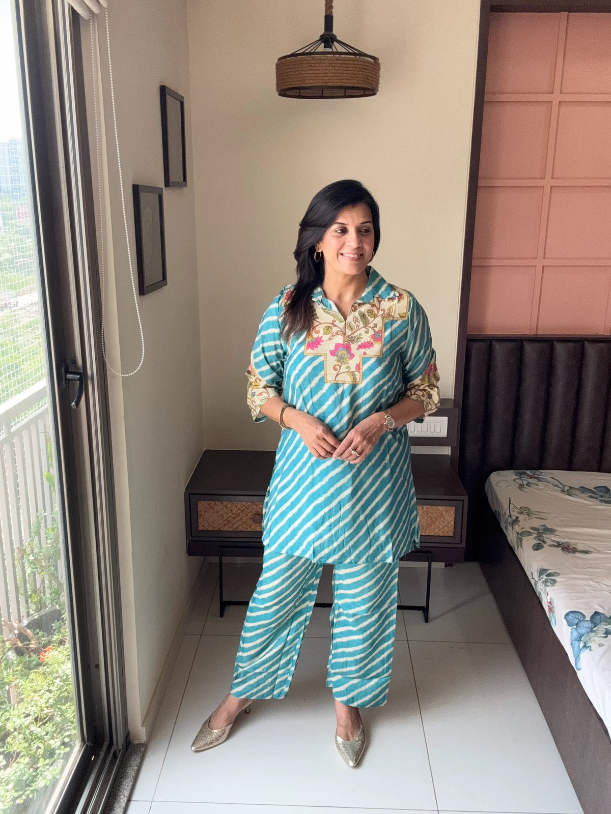Blue Collared Short Kurti with Pant Co-Ord Set | Floral Leheriya Print with Matching Potli