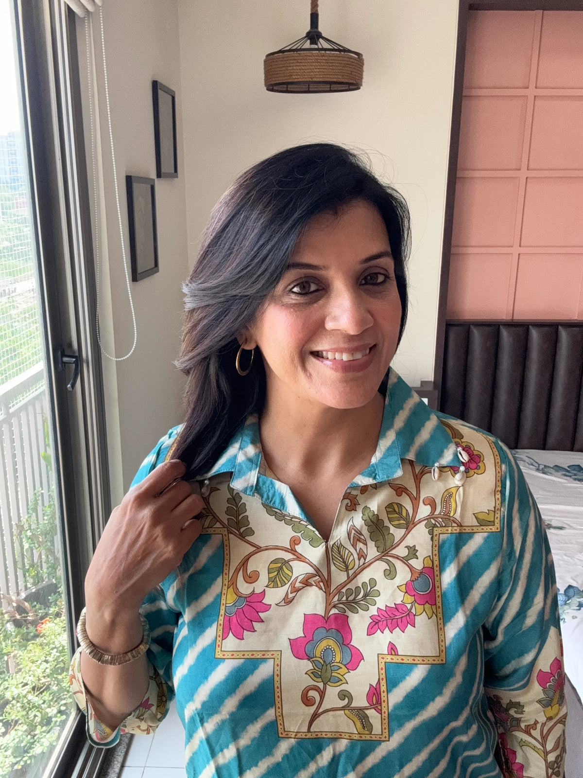 Blue Collared Short Kurti with Pant Co-Ord Set | Floral Leheriya Print with Matching Potli
