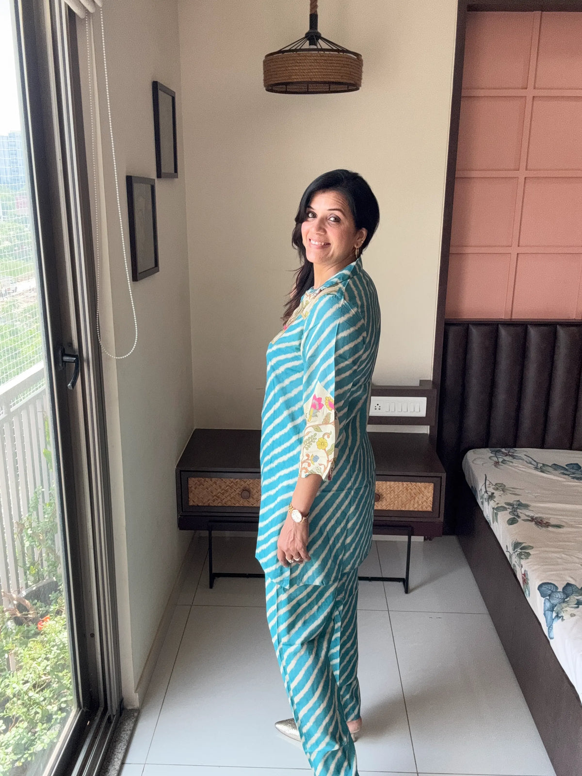 Blue Collared Short Kurti with Pant Co-Ord Set | Floral Leheriya Print with Matching Potli