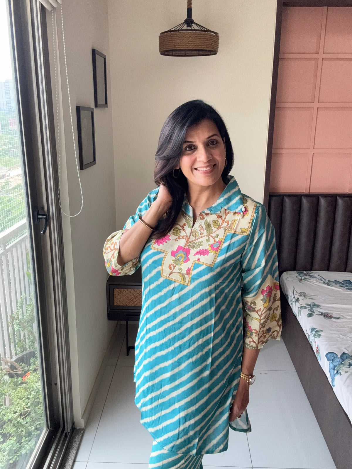 Blue Collared Short Kurti with Pant Co-Ord Set | Floral Leheriya Print with Matching Potli