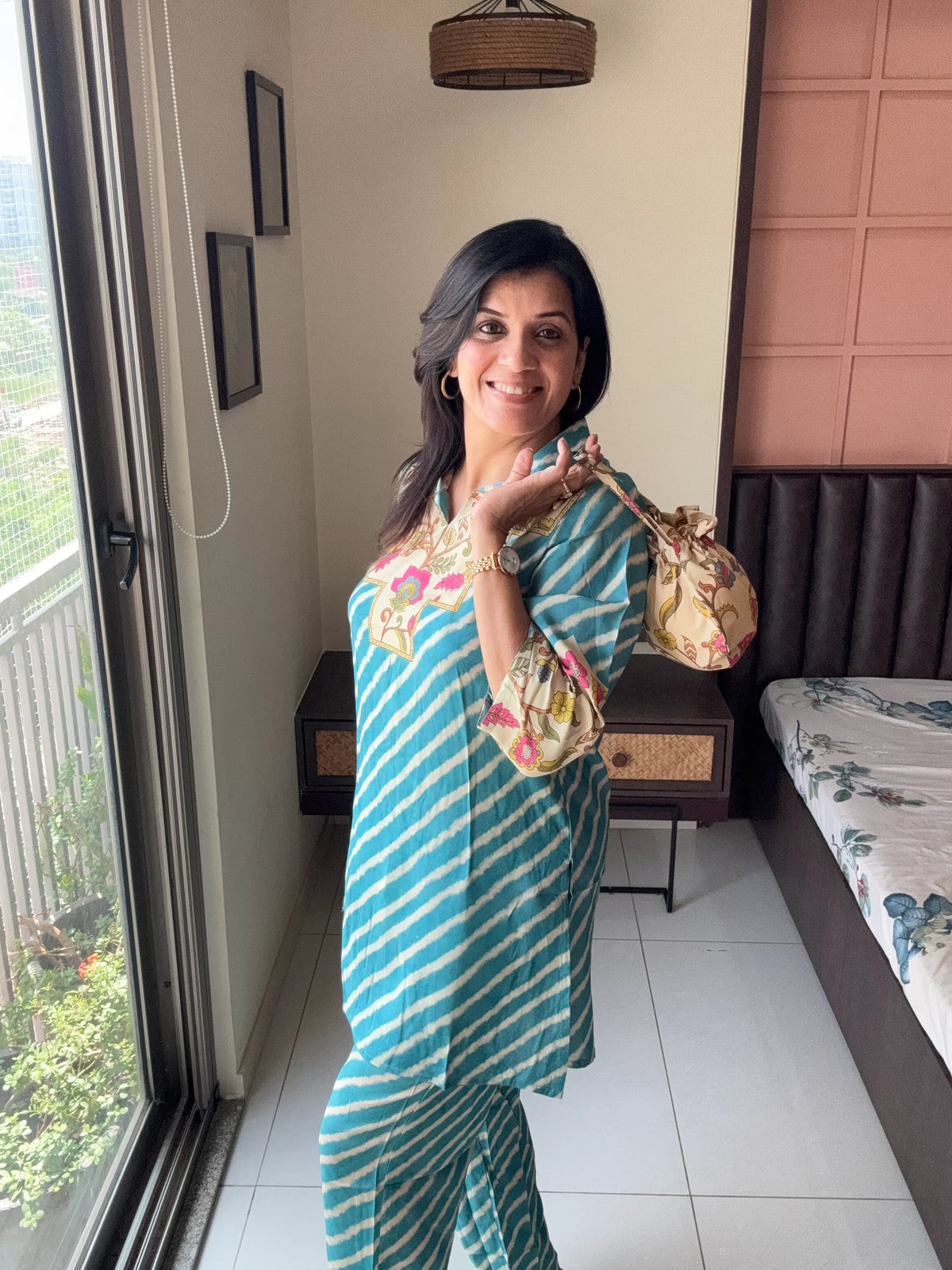 Blue Collared Short Kurti with Pant Co-Ord Set | Floral Leheriya Print with Matching Potli