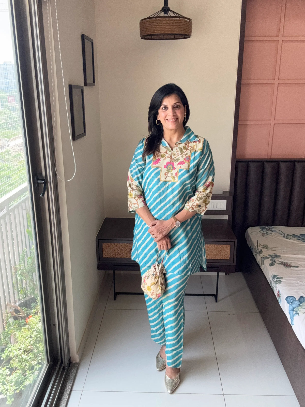 Blue Collared Short Kurti with Pant Co-Ord Set | Floral Leheriya Print with Matching Potli