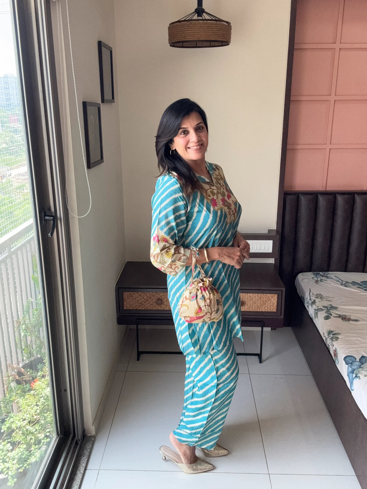 Blue Collared Short Kurti with Pant Co-Ord Set | Floral Leheriya Print with Matching Potli