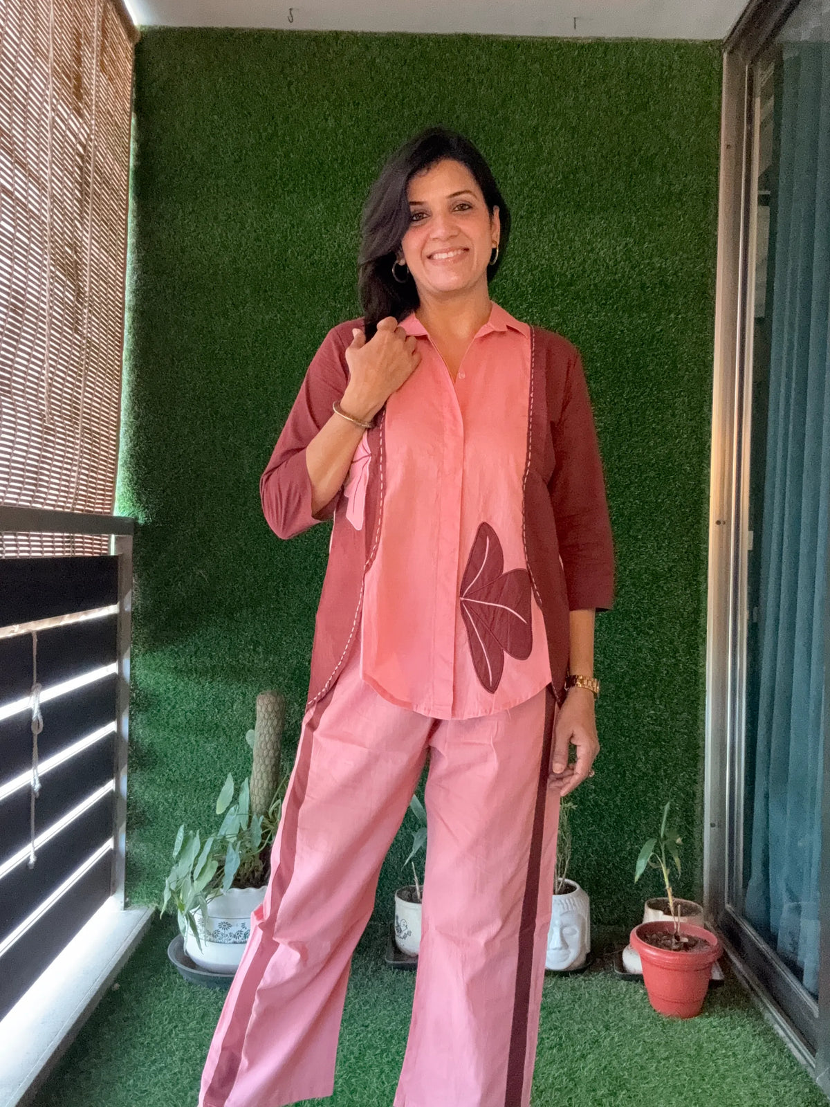 Peach & Brown Trendy Appliqué Work Co-Ord Set | Soft Cotton