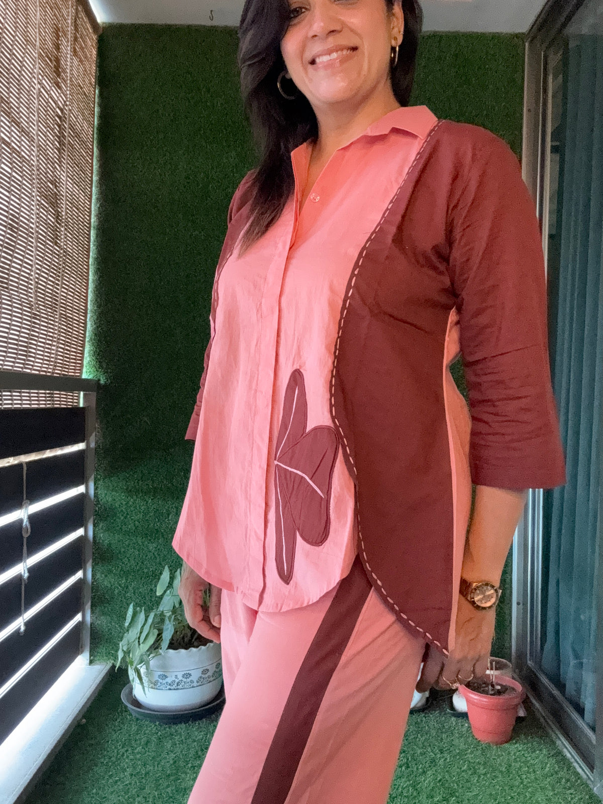 Peach & Brown Trendy Appliqué Work Co-Ord Set | Soft Cotton