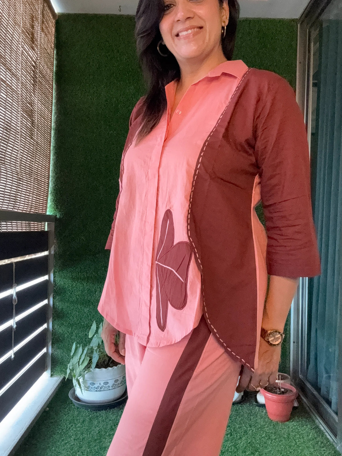 Peach & Brown Trendy Appliqué Work Co-Ord Set | Soft Cotton
