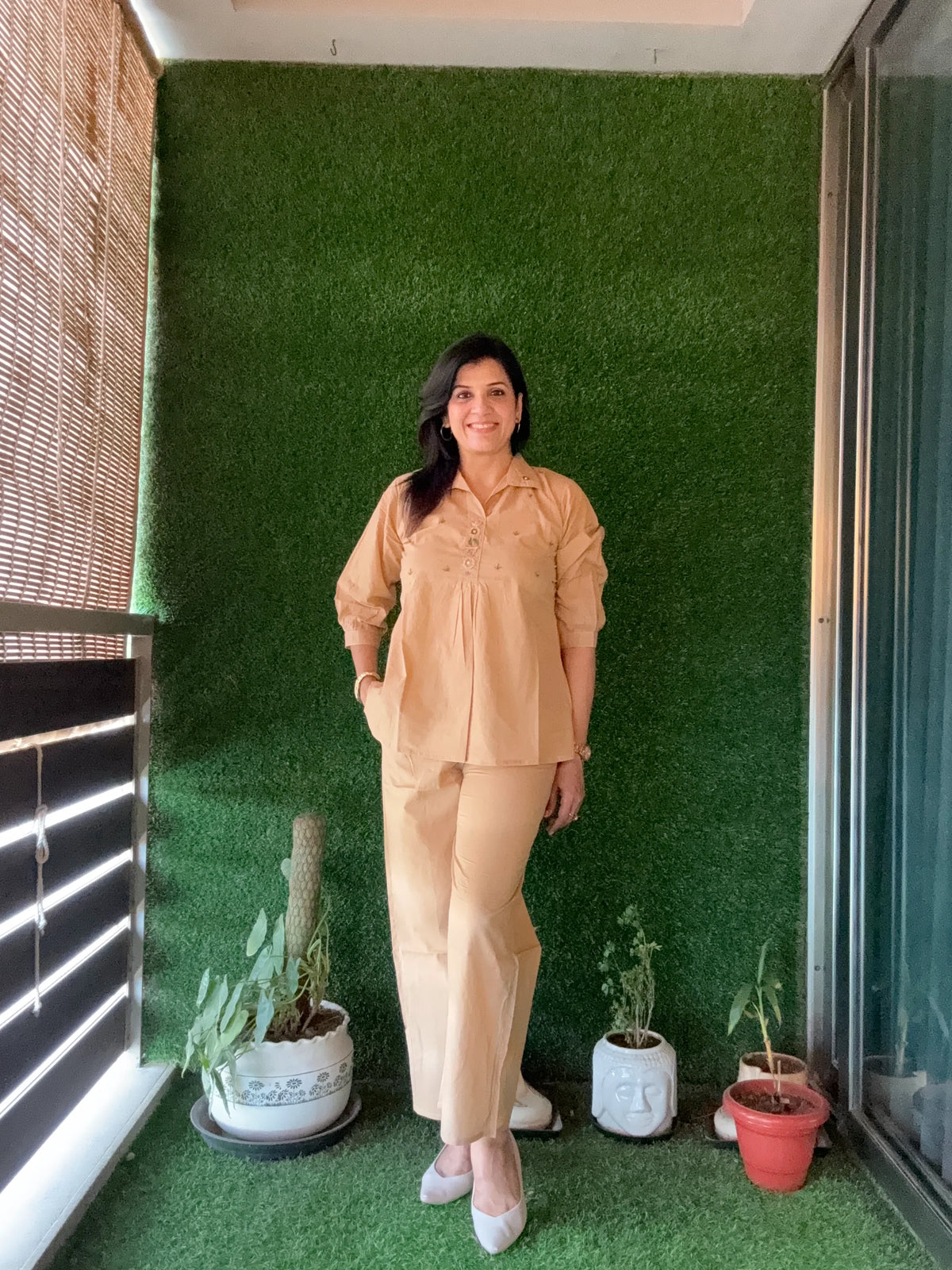 Ecru Beige - Yoke Thread Embroidery work Co-Ord Set | Soft Cotton