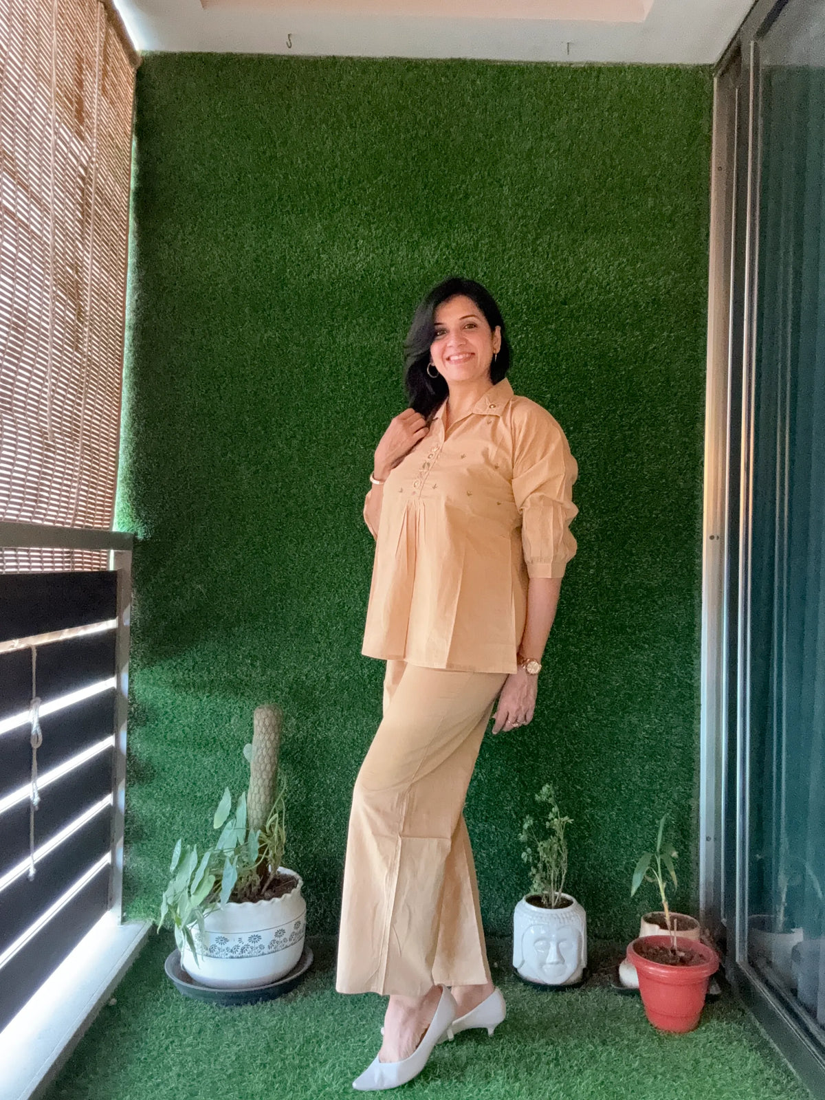 Ecru Beige - Yoke Thread Embroidery work Co-Ord Set | Soft Cotton