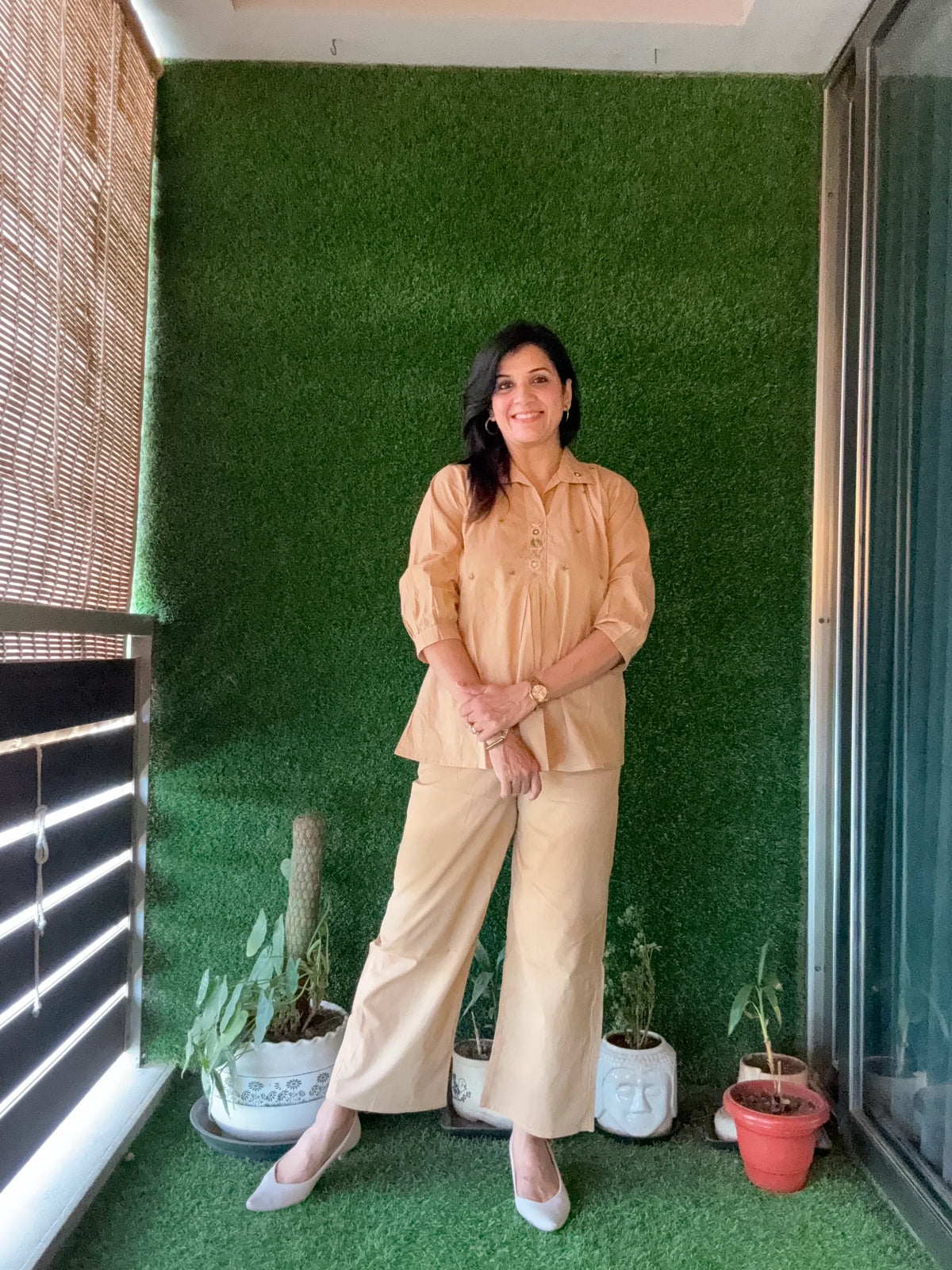 Ecru Beige - Yoke Thread Embroidery work Co-Ord Set | Soft Cotton