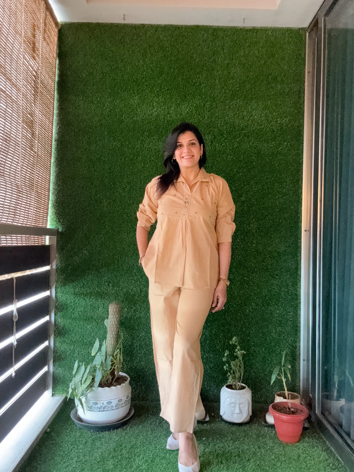Ecru Beige - Yoke Thread Embroidery work Co-Ord Set | Soft Cotton