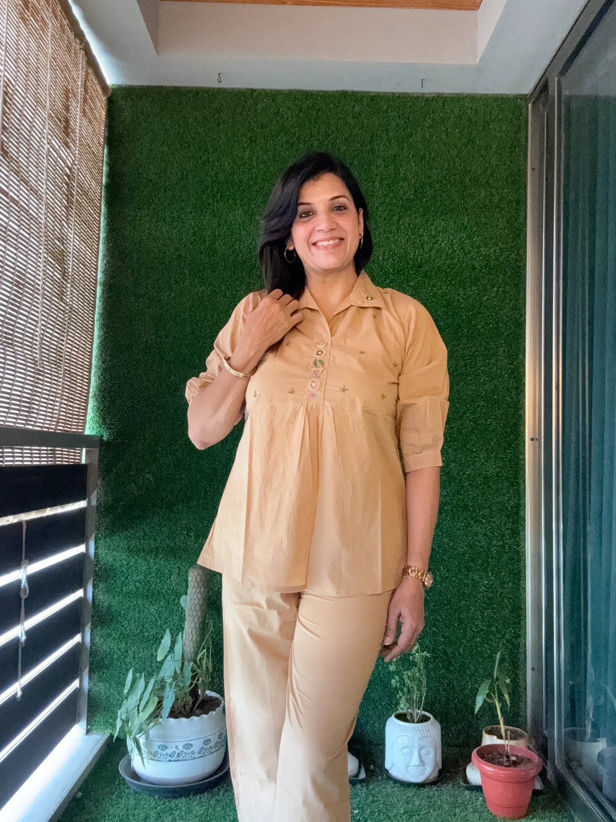 Ecru Beige - Yoke Thread Embroidery work Co-Ord Set | Soft Cotton